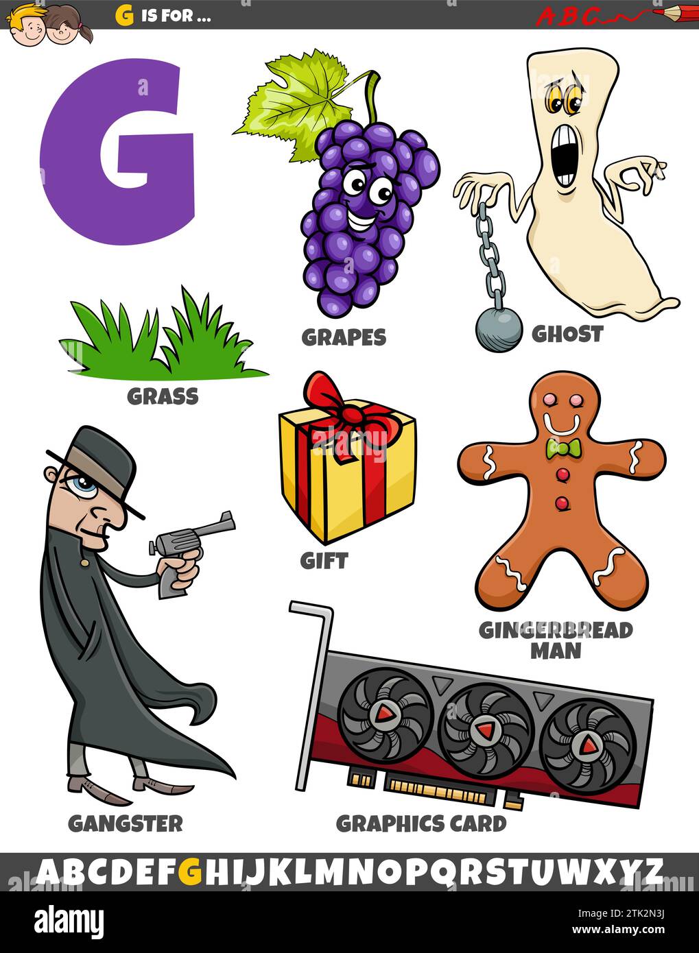 Zeichentrickdarstellung von Objekten und Zeichen für den Buchstaben G Stock Vektor