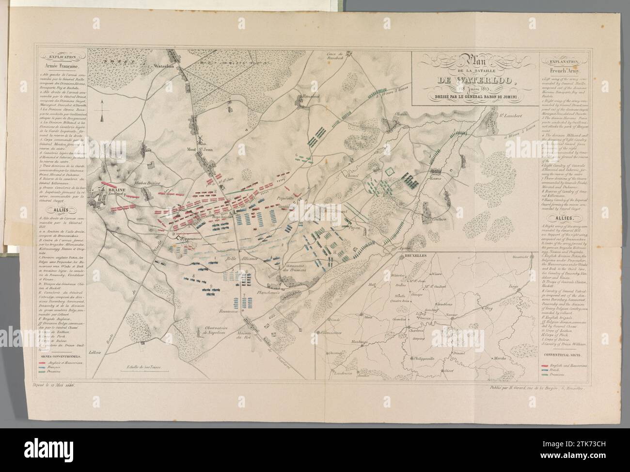 Plan der Schlacht von Waterloo, 1815, Anonym, nach Antoine-Henri Baron Jomini, 1846 Plan der Schlacht von Waterloo am 18. Juni 1815, mit den Kampfbefehlen der verschiedenen Armeen in verschiedenen Farben im Land angegeben. Unten rechts wird der größere Bereich angezeigt. Links und rechts die Legenden 1-9 und A-J auf Französisch und Englisch. Teil eines Albums mit zwölf Schallplatten mit Gesichtern aus etwa 1840-1846 der Gegend, in der die Schlacht von Waterloo am 18. Juni 1815 stattfand. Druckerei: Belgiumpublisher: Brüsseler Zeitung Waterloo Plan der Schlacht von Waterloo am 18. Juni 1815, mit dem Stockfoto