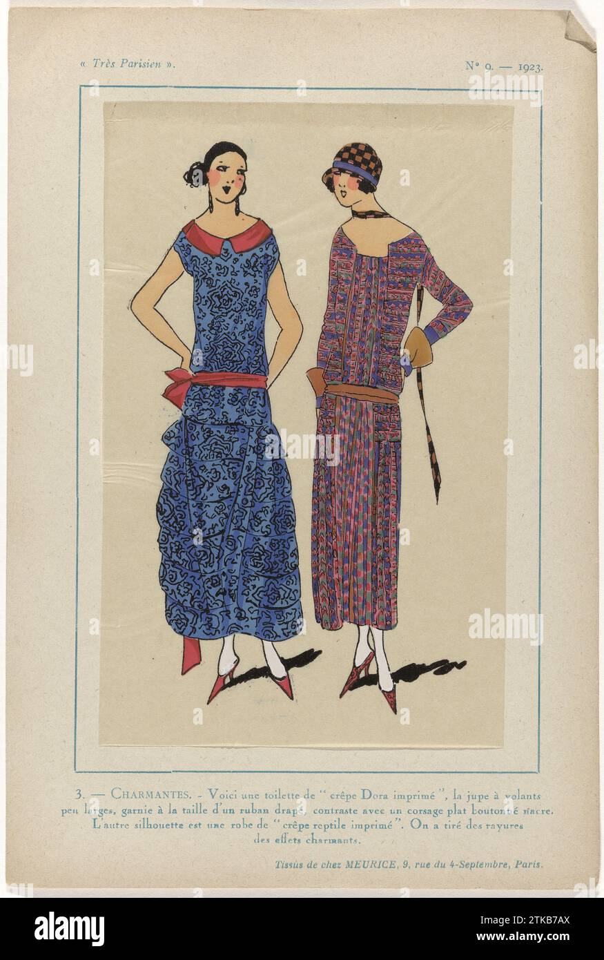 Sehr Pariser, 1923, Nr. 9:3. - Charmant. - Hier ist eine Toilette ..., 1923 'Toilette' mit bedrucktem 'Crepe dora'; rechter Body und Rock mit breiten Volants, in der Taille mit einem drapierten Band verziert. Kleid aus bedrucktem „Krepp Reptil“ mit Streifenmuster. Stoffe von Meurice. Druck aus dem Modemagazin Très Parisien (1920-1936). Paris-Papier mit Buchdruck „Toilette“ aus bedrucktem „Crepe dora“; rechter Body und Rock mit breiten Volants, in der Taille mit einem drapierten Band verziert. Kleid aus bedrucktem „Krepp Reptil“ mit Streifenmuster. Stoffe von Meurice. Druck aus dem Modemagazin Très Parisi Stockfoto