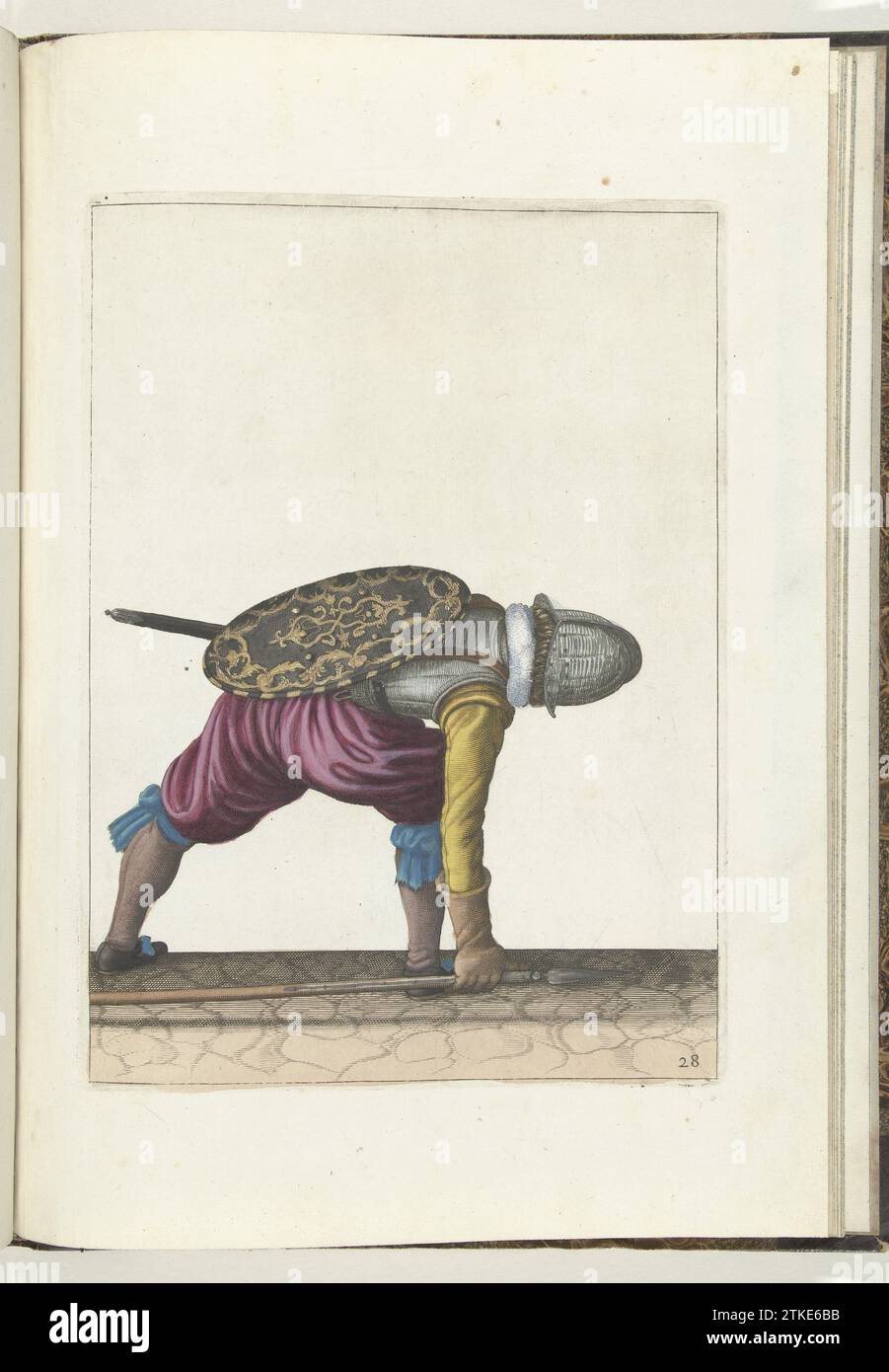 Die Übung mit Schild und Spießen: Der Soldat beugt sich, um die Spieße aufzunehmen (Nr. 28), 1618, 1616 – 1618 die Übung mit Schild und Spießen: Der Soldat beugt sich, um die Spieße aufzunehmen, 1618. Teil der Abbildungen in: Adam van Breen, Nassauische Waffenhandelung, 1618, Kennzeichen Nr. 28. Der Krieg war um 1600. Nordholländisches Papier, das die Übung mit Schild und Spießen graviert: Der Soldat beugt sich, um die Spieße aufzuheben, 1618. Teil der Abbildungen in: Adam van Breen, Nassauische Waffenhandelung, 1618, Kennzeichen Nr. 28. Der Krieg war um 1600. Papierstich in den nördlichen Niederlanden Stockfoto