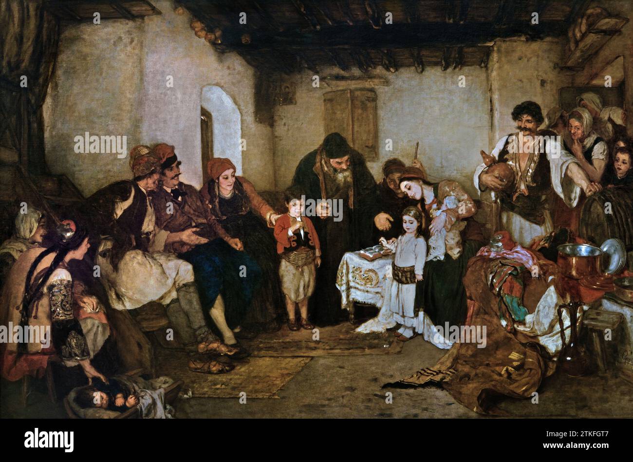 Gyzis Nikolaos (1842 - 1901) die Verlobung der Kinder, 1877, Gemälde 19.-20. Jahrhundert, Nationalgalerie, Athen, Griechenland. „Verlobung der Kinder“, die in zwei Varianten existiert, ist ein Brauch aus der osmanischen Zeit. Die Eltern engagierten ihre Kinder noch in sehr jungen Jahren, vielleicht um sie vor einer Entführung durch Türken zu schützen. In einem Halbkreis in einem Dorfinneren angeordnet, Stockfoto