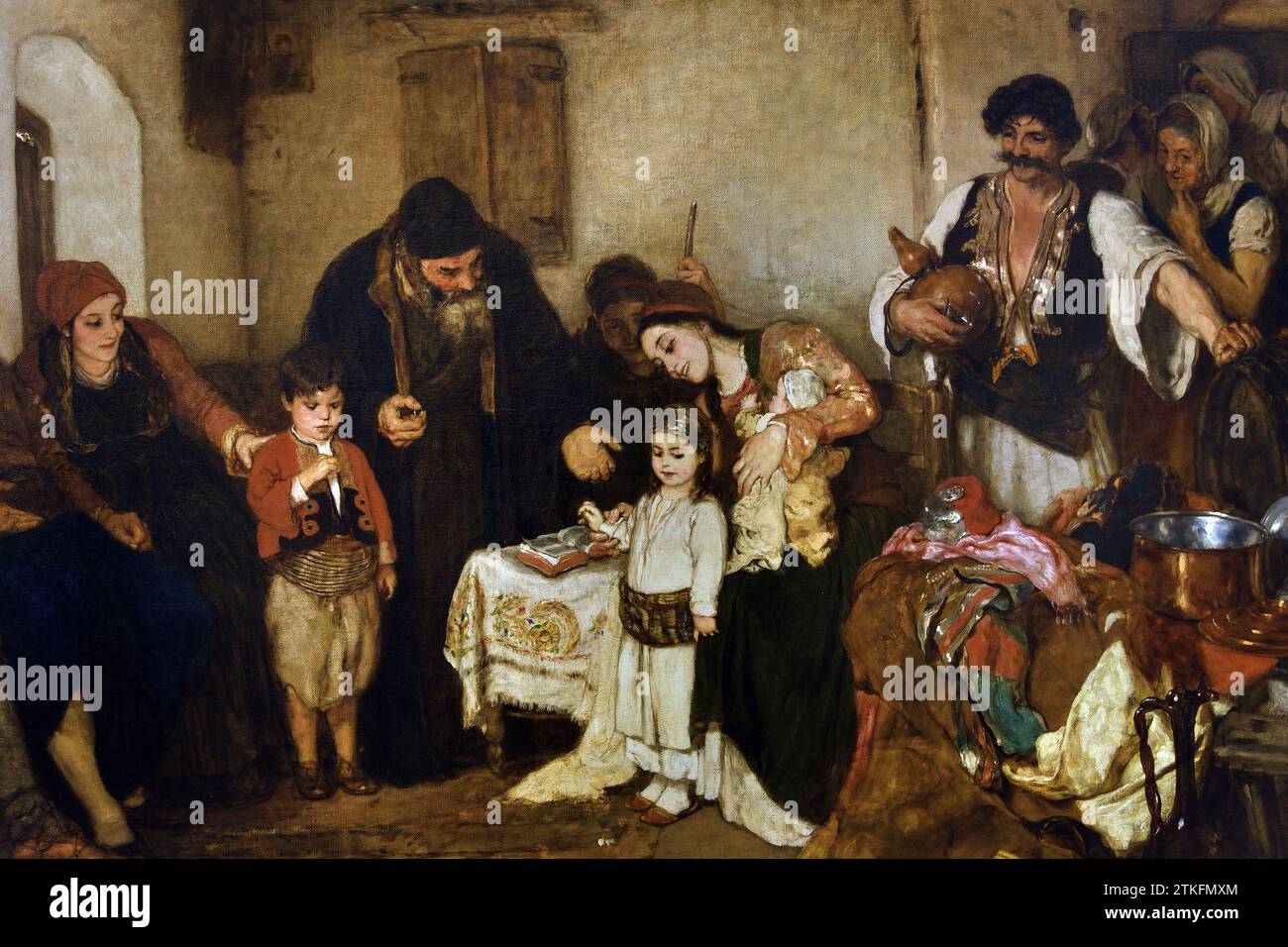 Gyzis Nikolaos (1842 - 1901) die Verlobung der Kinder, 1877, Gemälde 19.-20. Jahrhundert, Nationalgalerie, Athen, Griechenland. „Verlobung der Kinder“, die in zwei Varianten existiert, ist ein Brauch aus der osmanischen Zeit. Die Eltern engagierten ihre Kinder noch in sehr jungen Jahren, vielleicht um sie vor einer Entführung durch Türken zu schützen. In einem Halbkreis in einem Dorfinneren angeordnet, Stockfoto