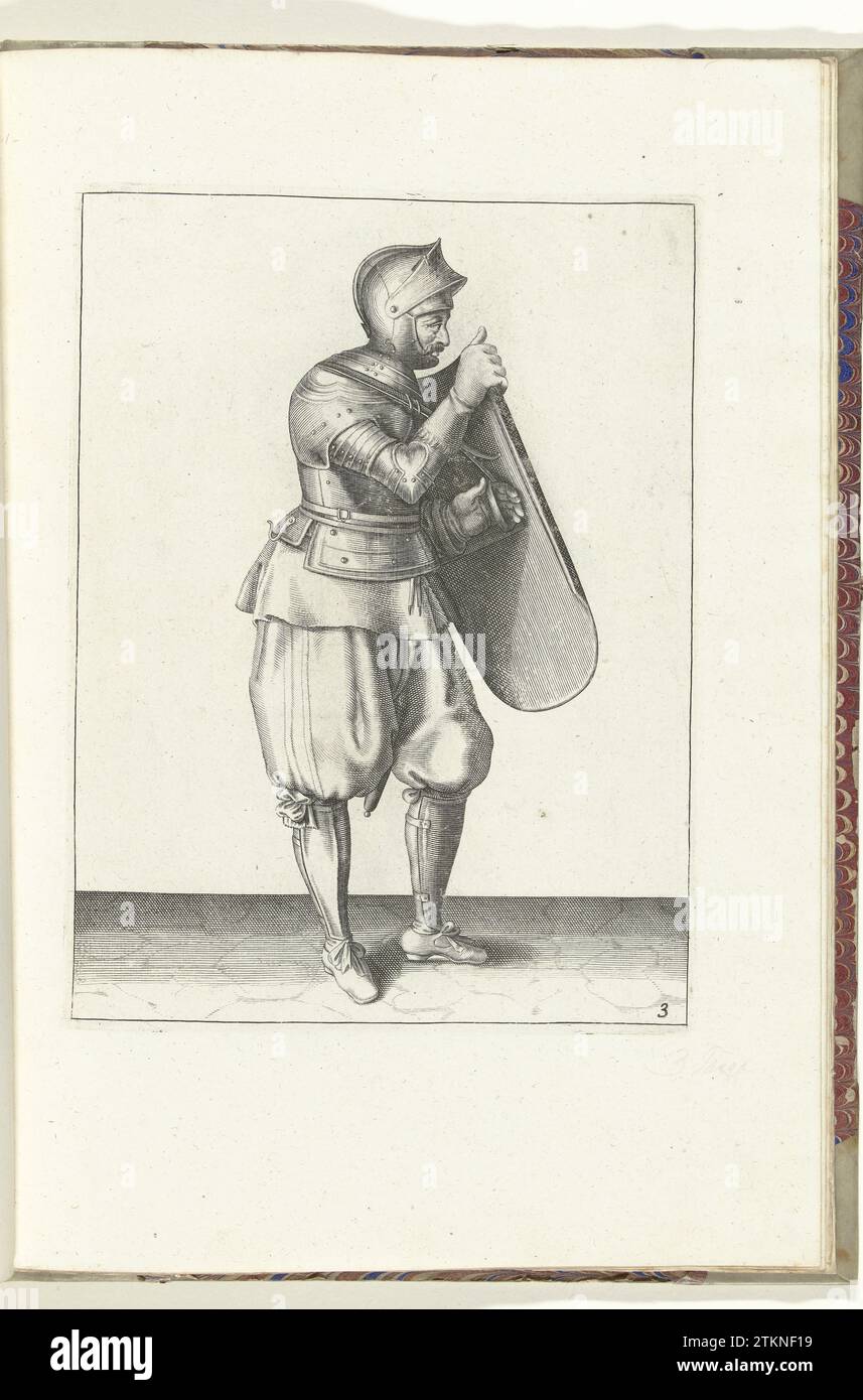 Die Übung mit dem Targe und Rapier: Der Soldat hält das Targe mit der rechten Hand und greift den Gürtel (Nr. 3), 1618, 1616 - 1618 mit der linken Hand (Nr. 3) die Übung mit dem Targe und Rapier: der Soldat hält das Targe mit der rechten Hand und greift die Leine des Targes, 1618 mit der linken Hand, Teil der Abbildungen in: Adam van Breen, die Nassausche Wapen-Handele: Korte Onderwijsinge auf der Figuerlijcke Afbeelderinghe interessant 'funghruyck van Al' Tghene A Soldaet Noodigh ist in den Aktionen der Targes mit dem Rapper, 1618, Platte Nr. 3. Der Krieg war um 1600. Nach dem Entwurf von Stockfoto