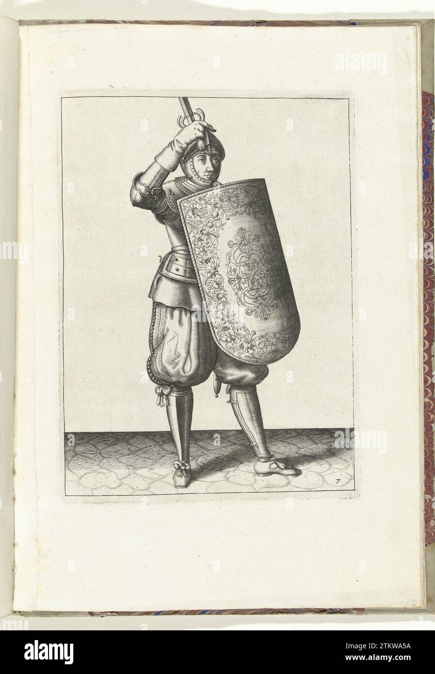 Die Übung mit dem Targe und dem Rapier: Wie der Soldat den Anblick seines Helms mit dem Targe und dem gezeichneten Rapier in der Hand schließen muss (Nr. 7), 1618, 1616 - 1618 die Übung mit dem Targe und dem Rapier: wie der Soldat das Visier seines Helms (Kasket) mit dem Targe und dem gezeichneten Rapier in der Hand schließen muss, 1618. Teil der Illustrationen in: Adam van Breen, die Nassausche Wapen-Handele: Kurze Erziehung über die Figuerlijcke AFFIEMENTHE INTERNATION 'FRECHUYCK VAN AL TGHENE A SOLDAET NEED is in the actions of the Targes with the Rappier, 1618, Plate No 7. War Awareness um 1600. Nach Entwurf von: Stockfoto