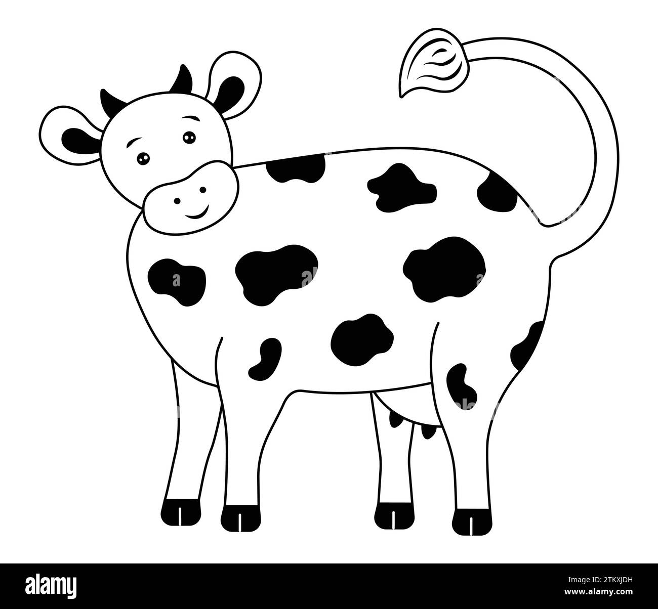 Gefleckte süße Kuh mit Hörnern, neugieriges glückliches Bauernhoftier, Vektor-schwarz-weiße Illustration Stock Vektor
