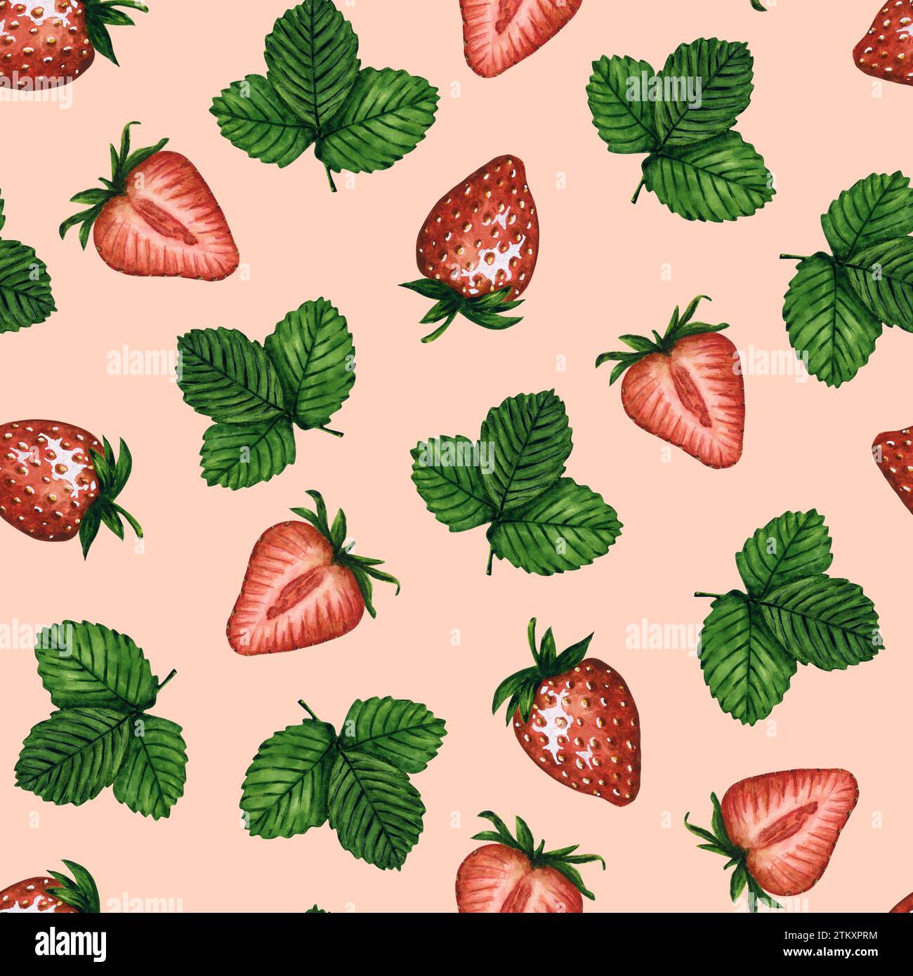 Nahtloses Muster mit frischen und saftigen Erdbeeren und grünen Blättern auf rosa Hintergrund, handgezeichnete Aquarellillustration. Stockfoto