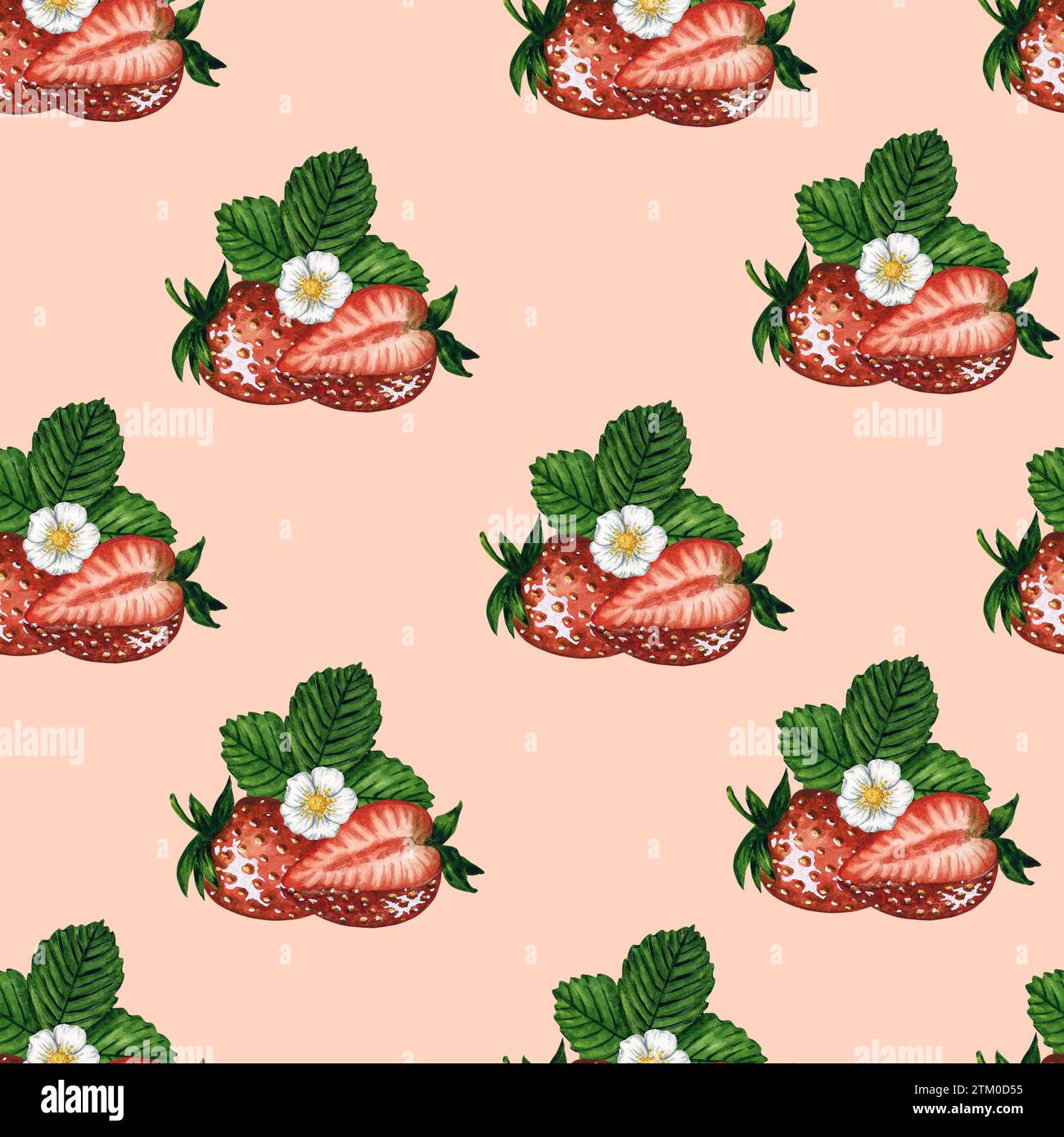 Nahtloses Muster mit frischen und saftigen Erdbeeren und grünen Blättern auf rosa Hintergrund, handgezeichnete Aquarellillustration Stockfoto