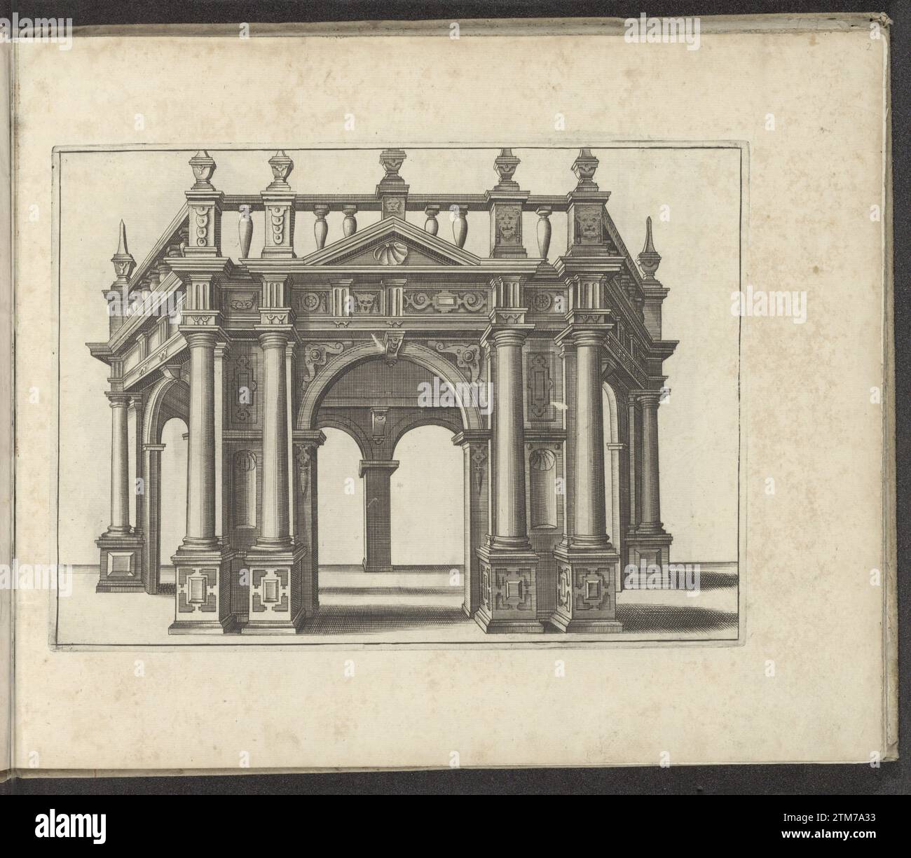 Portal mit sechseckigem Grundriss, 1658 Portal mit sechseckigem Grundriss und freistehenden Säulen des toskanischen Ordens. Der Ausdruck ist Teil eines Albums. Kölner (möglicherweise) Papierstich Portal mit sechseckigem Grundriss und freistehenden Säulen des toskanischen Ordens. Der Ausdruck ist Teil eines Albums. Kölner Papierstich (evtl.) Stockfoto