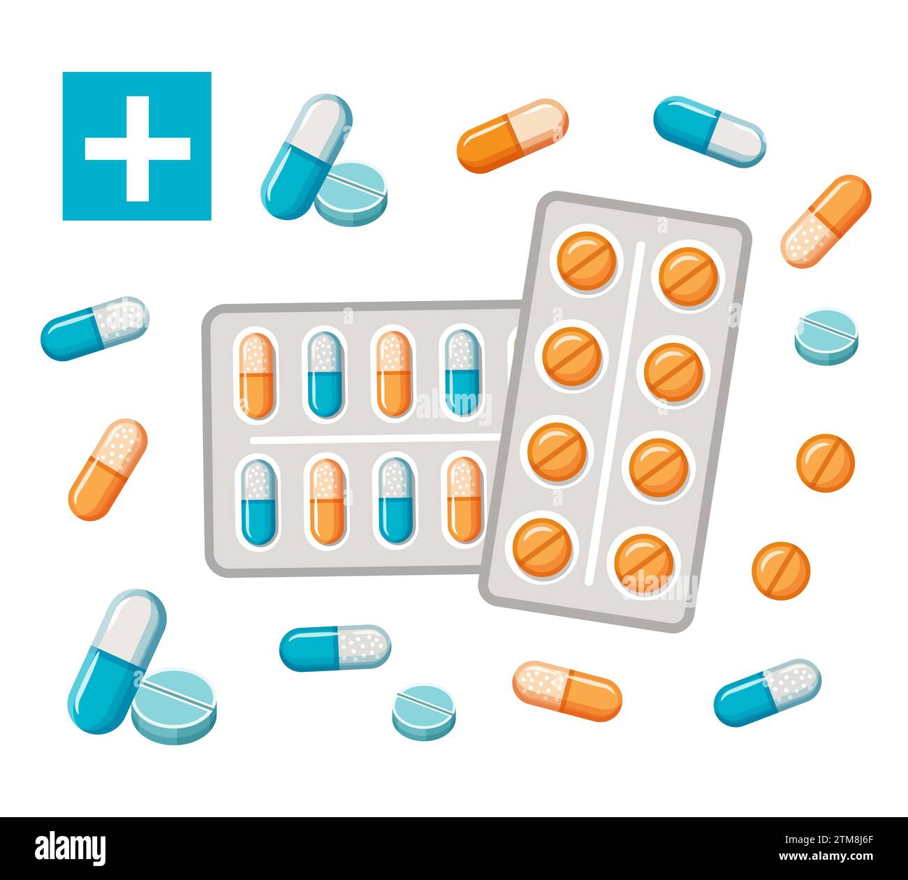 Apotheke Medizin Droge Pillen, medizinische Kapsel für die Gesundheit, Vitamintablette Blister Paket Symbol. Pharmazeutische Medikamente zur Krankheitsbehandlung. Vektor Stock Vektor