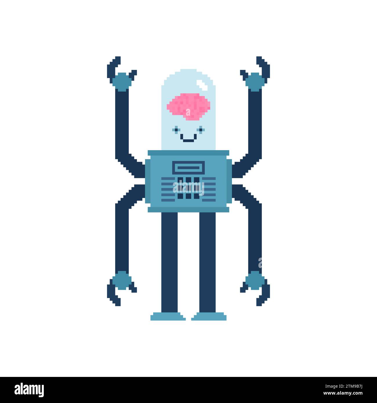 Roboter mit künstlicher Intelligenz Pixel Art. 8 Bit Retro Cyborg und menschliche Gehirne. Pixeliges KI-Konzept im Retro-Stil Stock Vektor