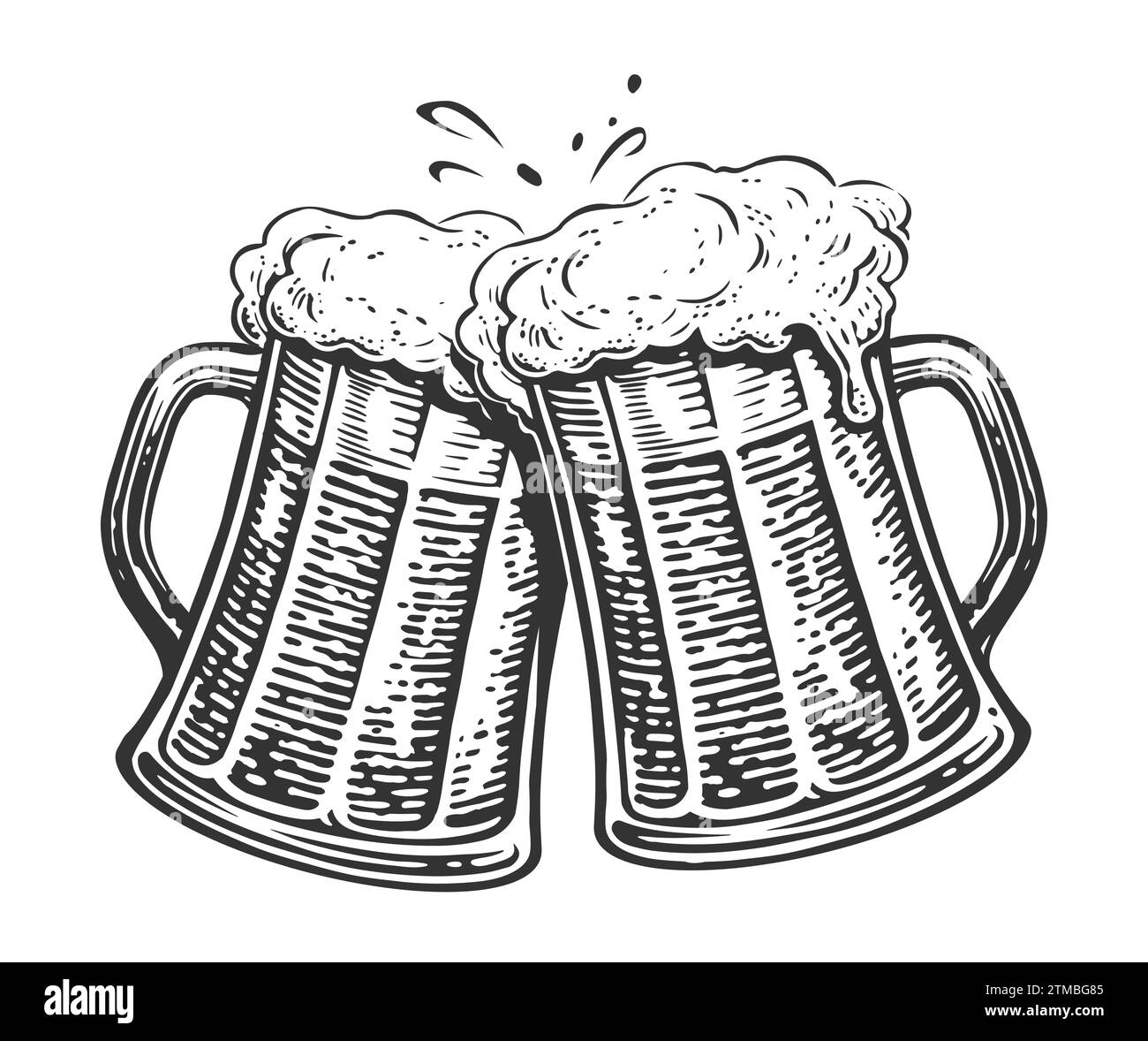 Zwei Bierbecher zum Toasten. Klirrende Glasbehälter voller Bier und Schaumspritzer. Applaus, Illustration Stock Vektor