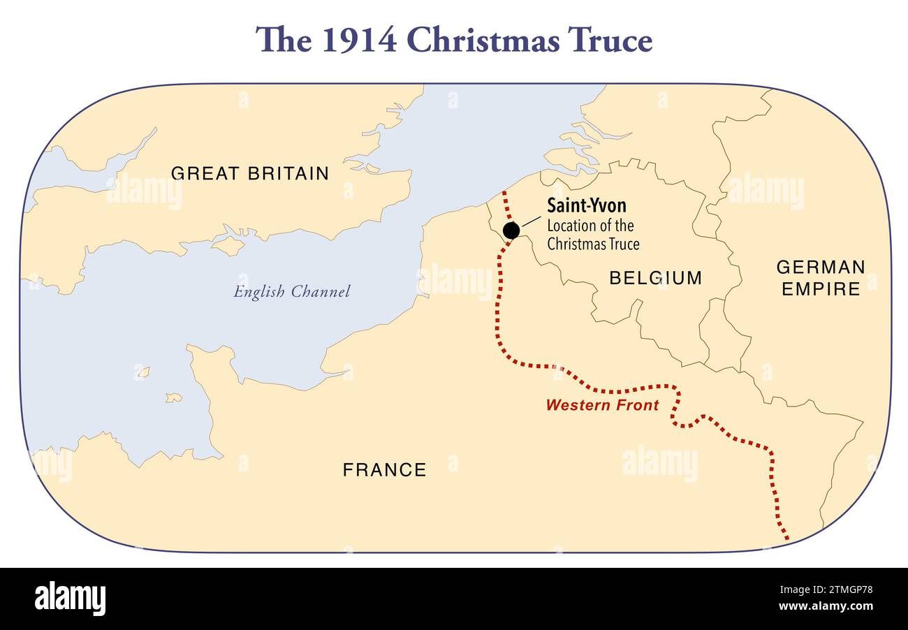 Karte, die den Ort des Weihnachtsstillstands 1914 während des Ersten Weltkriegs zwischen Frankreich, Großbritannien und dem deutschen Reich zeigt Stockfoto