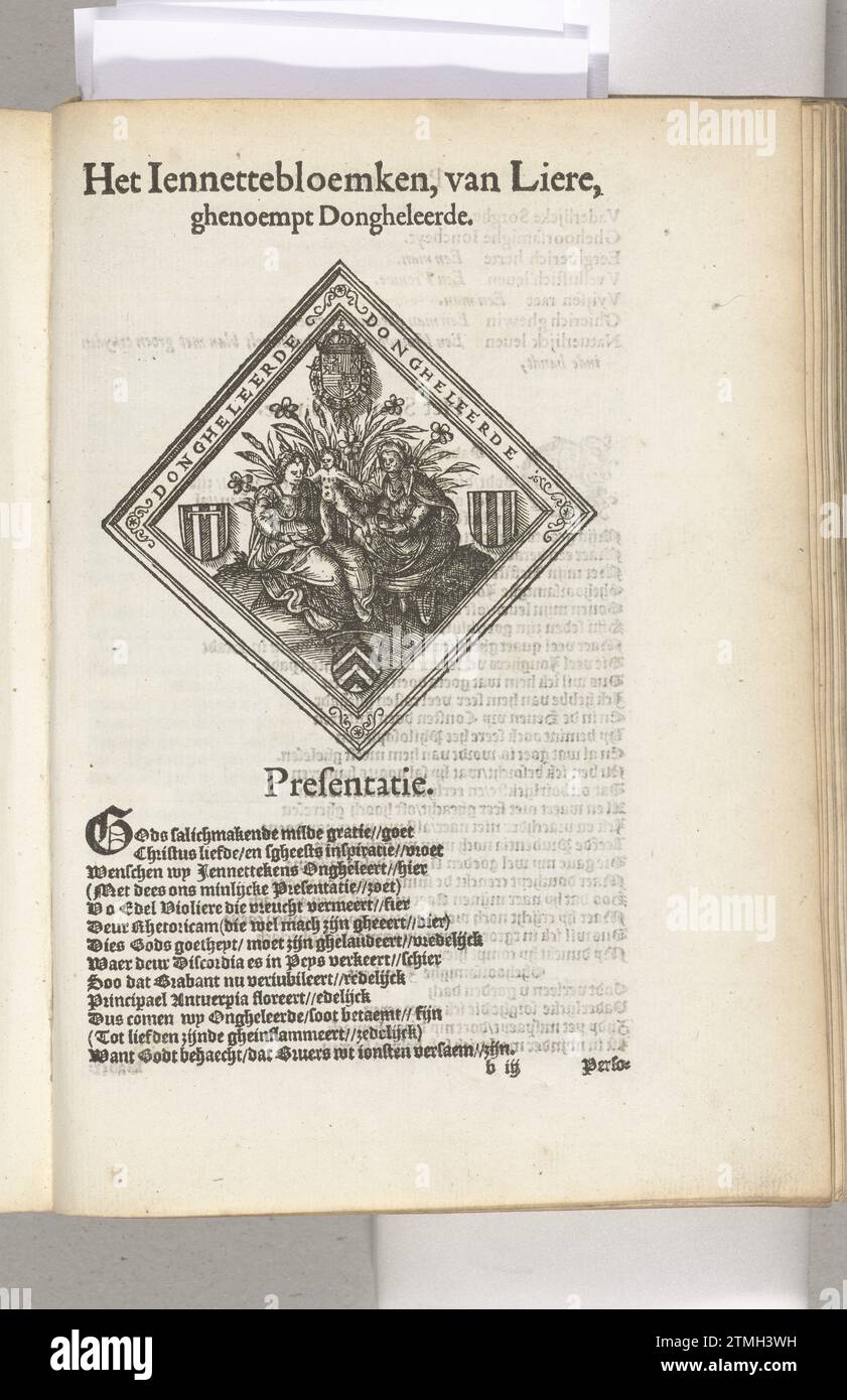 Blazoen van de Jennettebloeme (Lier), 1561, 1561 - 1562 Blazoen van de Jennettebloeme, Rederijkerskamer in Lier. Für das Landjuwel Antwerpens im Jahr 1561. Antwerpener Zeitung Antwerpen Blazoen van de Jennettebloeme, Rederijkerskamer in Lier. Für das Landjuwel Antwerpens im Jahr 1561. Antwerpen Papier Antwerpen Stockfoto