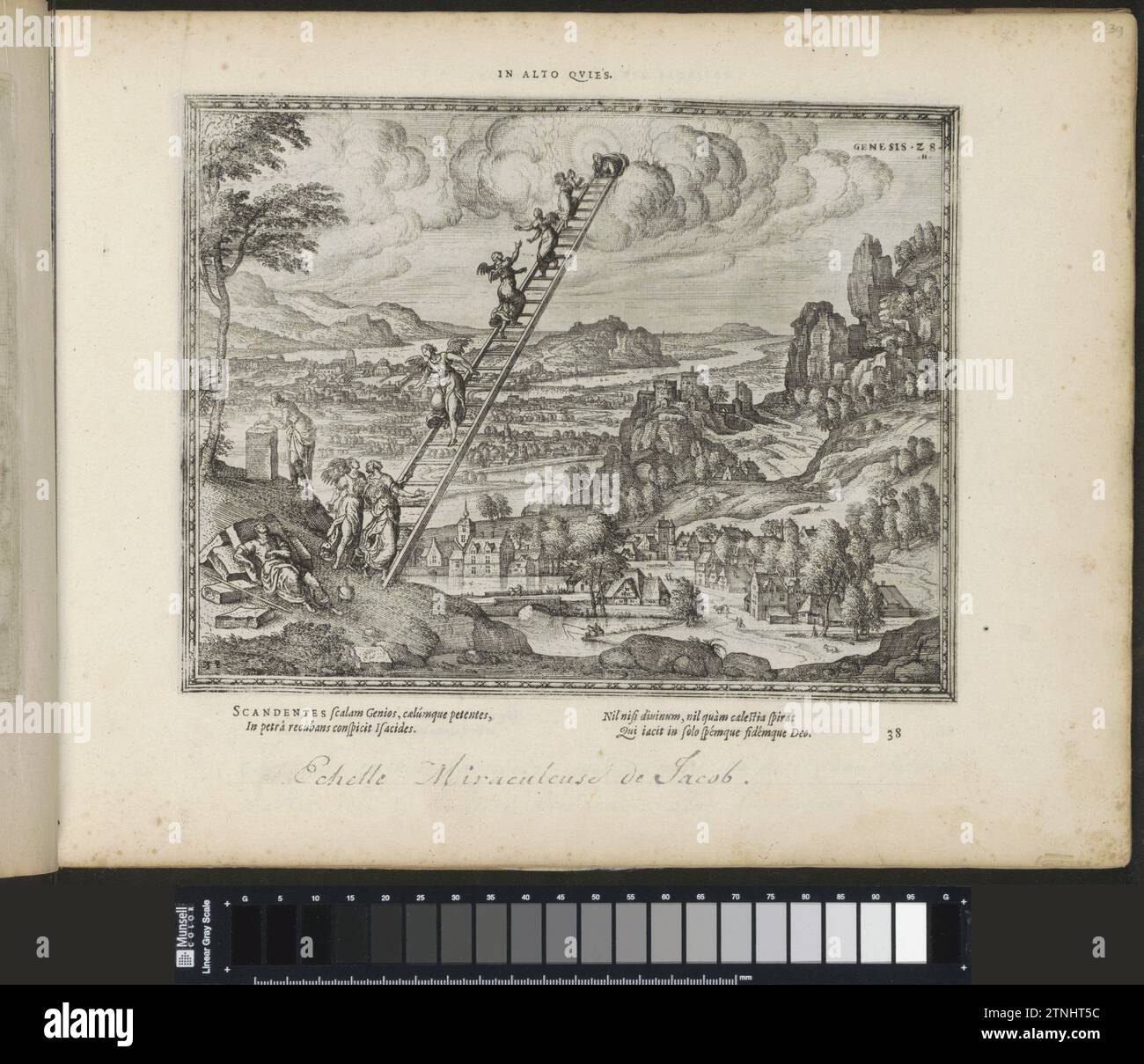 Landschaft mit Jakobs Leiter, 1613 Landschaft mit Fluss. Im Vordergrund links der schlafende Jakob mit einem Stein als Kissen. Er träumt von einer Leiter, die in den Himmel reicht, und von Engeln, die auf- und absteigen. Gott verspricht das Land Jakobs-Nachkommen. Links im Hintergrund widmet Jakob den Stein, den er als Kopfstütze benutzte, indem er Öl darüber gießt. Er nannte den Ort Betel, Haus Gottes (1. Mose 28:11). Mit einem lateinischen Motto über der Aufführung und einer vierzeiligen Unterschrift unter dem Druck. Der Ausdruck ist Teil eines Albums. Druckerei: Antwerpener: Amsterdam Paper le Stockfoto Landschaft mit Jakobs Leiter, 1613 Landschaft mit Fluss. Im Vordergrund links der schlafende Jakob mit einem Stein als Kissen. Er träumt von einer Leiter, die in den Himmel reicht, und von Engeln, die auf- und absteigen. Gott verspricht das Land Jakobs-Nachkommen. Links im Hintergrund widmet Jakob den Stein, den er als Kopfstütze benutzte, indem er Öl darüber gießt. Er nannte den Ort Betel, Haus Gottes (1. Mose 28:11). Mit einem lateinischen Motto über der Aufführung und einer vierzeiligen Unterschrift unter dem Druck. Der Ausdruck ist Teil eines Albums. Druckerei: Antwerpener: Amsterdam Paper le Stockfoto