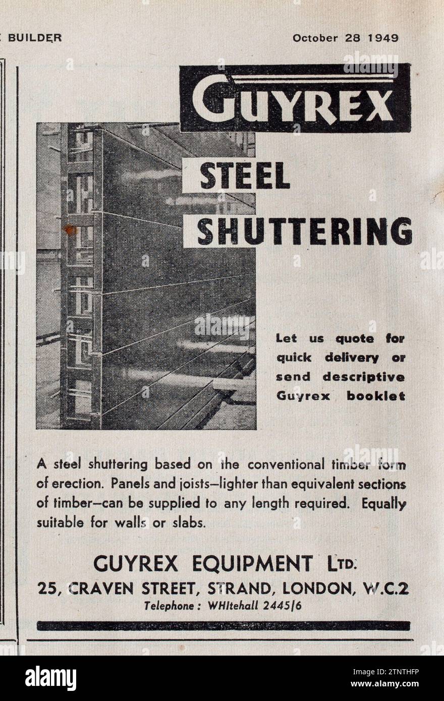 Werbung aus einer Kopie des 1940er Jahre The Builder Magazine; Guyrex Steel Shuttering Stockfoto