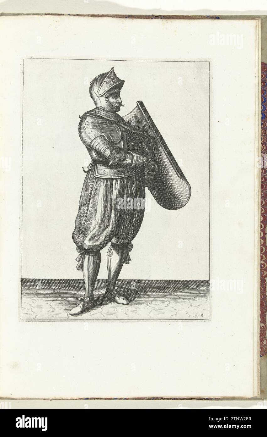 Die Übung mit dem Targe und dem Rapier: Der Soldat hält das Targe ein wenig nach vorne, um den Rapier (Nr. 4) ziehen zu können, 1618, 1616 – 1618 die Übung mit dem Targe und dem Rapier: Der Soldat hält das Targe etwas nach vorne, um den Rapier ziehen zu können, 1618. Teil der Illustrationen in: Adam van Breen, die nassausche Wapenhandele: Kurze Erziehung über die Figuerlijcke Afguangenten 'frecht Ghebruyck van Al' Tghene A Soldaet Noodigh ist in den Aktionen der Targes mit dem Rappier, 1618, Platte Nr. 4. Warly bewaffnet um 1600. Nach Entwurf von: Northern Netherlandsprint Maker: Northern Nether Stockfoto