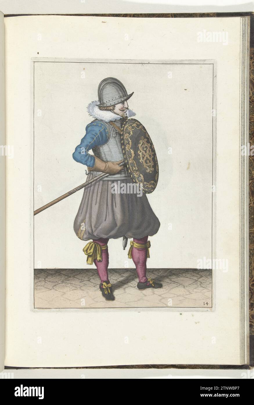 Die Übung mit Schild und Spießen: Der Soldat legt den Spieß zweimal zum Schleppen, zweite Bewegung (Nr. 14), 1618, 1616 - 1618 die Übung mit Schild und Spießen: Der Soldat legt den Spieß zweimal zum Schleppen, zweite Bewegung, 1618. Teil der Abbildungen in: Adam van Breen, Nassauische Waffenhandelung, 1618, Kennzeichen Nr. 14. War Awareness um 1600. Nordholländisches Papier, das die Übung mit Schild und Spießen graviert: Der Soldat legt den Spieß zweimal zum Ziehen, zweiter Satz, 1618. Teil der Abbildungen in: Adam van Breen, Nassauische Waffenhandelung, 1618, Kennzeichen Nr. Stockfoto