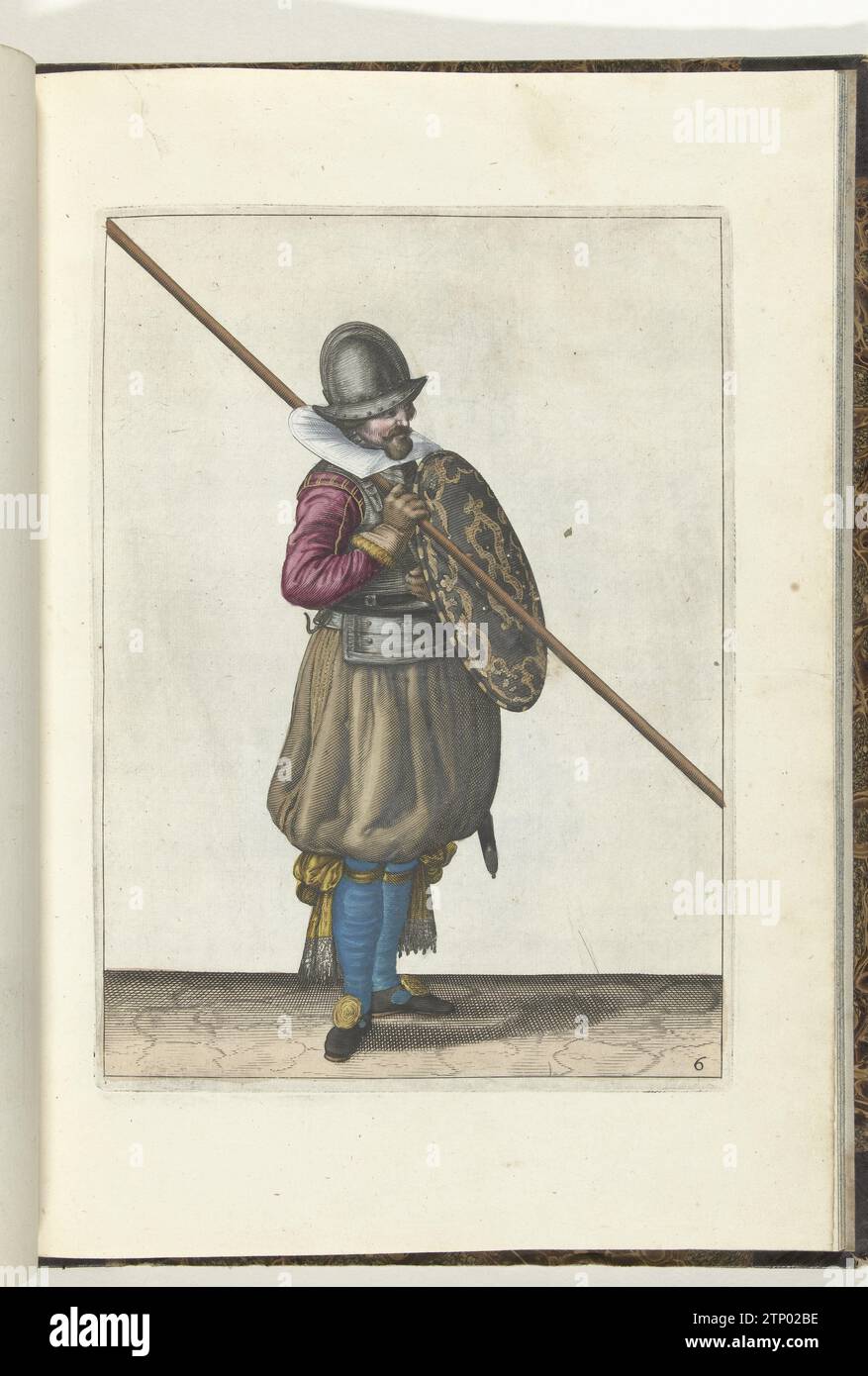 Die Übung mit Schild und Spießen: Der Soldat hält den Schild mit der linken Hand vor dem Körper (Nr. 6), 1618, 1616 - 1618 die Übung mit Schild und Spießen: Der Soldat hält den Schild mit der linken Hand vor dem Körper, 1618. Teil der Abbildungen in: Adam van Breen, Nassauische Waffenhandelung, 1618, Kennzeichen Nr. 6. Der Krieg war um 1600. Nordholländisches Papier, das die Übung mit Schild und Spießen graviert: Der Soldat hält den Schild mit der linken Hand vor der Leiche, 1618. Teil der Abbildungen in: Adam van Breen, Nassauische Waffenhandelung, 1618, Kennzeichen Nr. 6. Krieg war Stockfoto