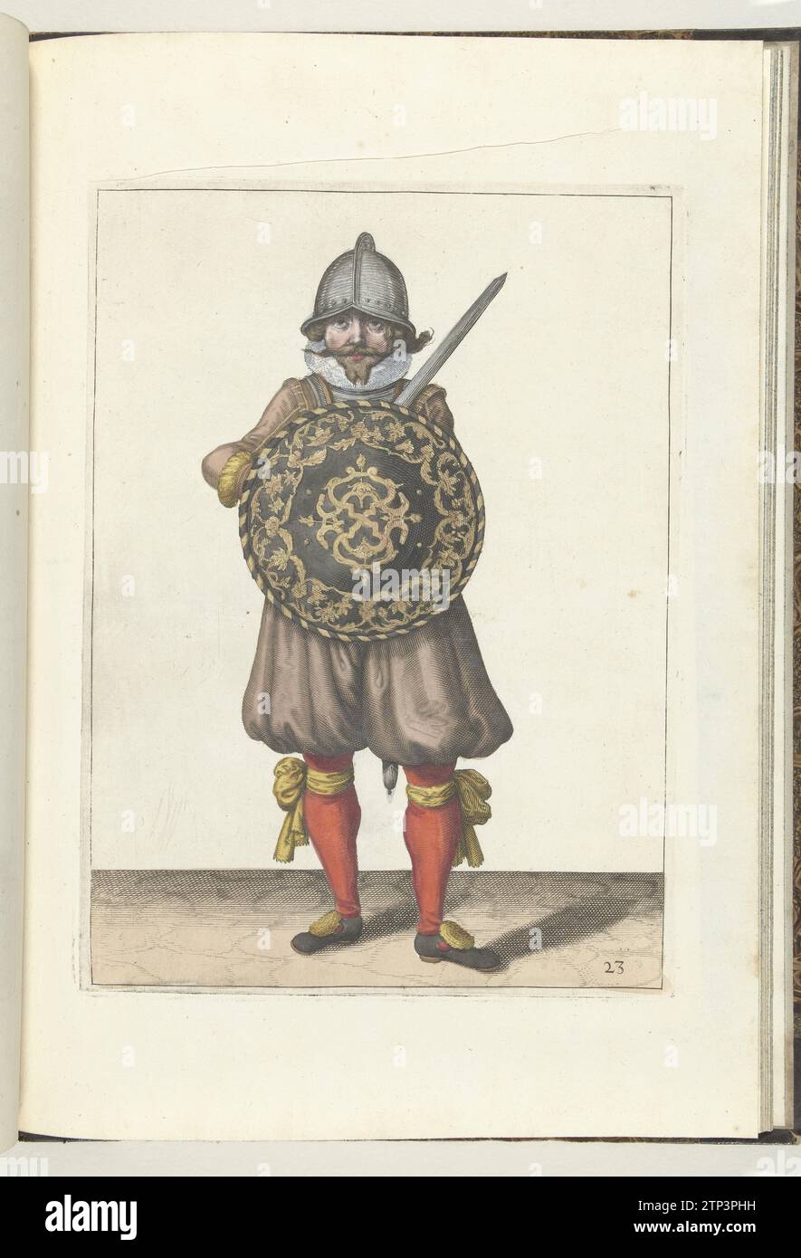 Die Übung mit Schild und Spießen: Der Soldat steht in Ruhe sein Greifer auf der linken Schulter hinter dem Schild (Nr. 23), 1618, 1616 – 1618 die Übung mit Schild und Spieß: Der Soldat steht in Ruhe, sein Greifer auf der linken Schulter hinter dem Schild, 1618. Teil der Abbildungen in: Adam van Breen, Nassauische Waffenhandelung, 1618, Kennzeichen Nr. 23. Der Krieg war um 1600. Nordholländisches Papier, das die Übung mit Schild und Spieß graviert: Der Soldat, der ruhend auf der linken Schulter hinter dem Schild steht, 1618. Teil der Abbildungen in: Ad Stockfoto