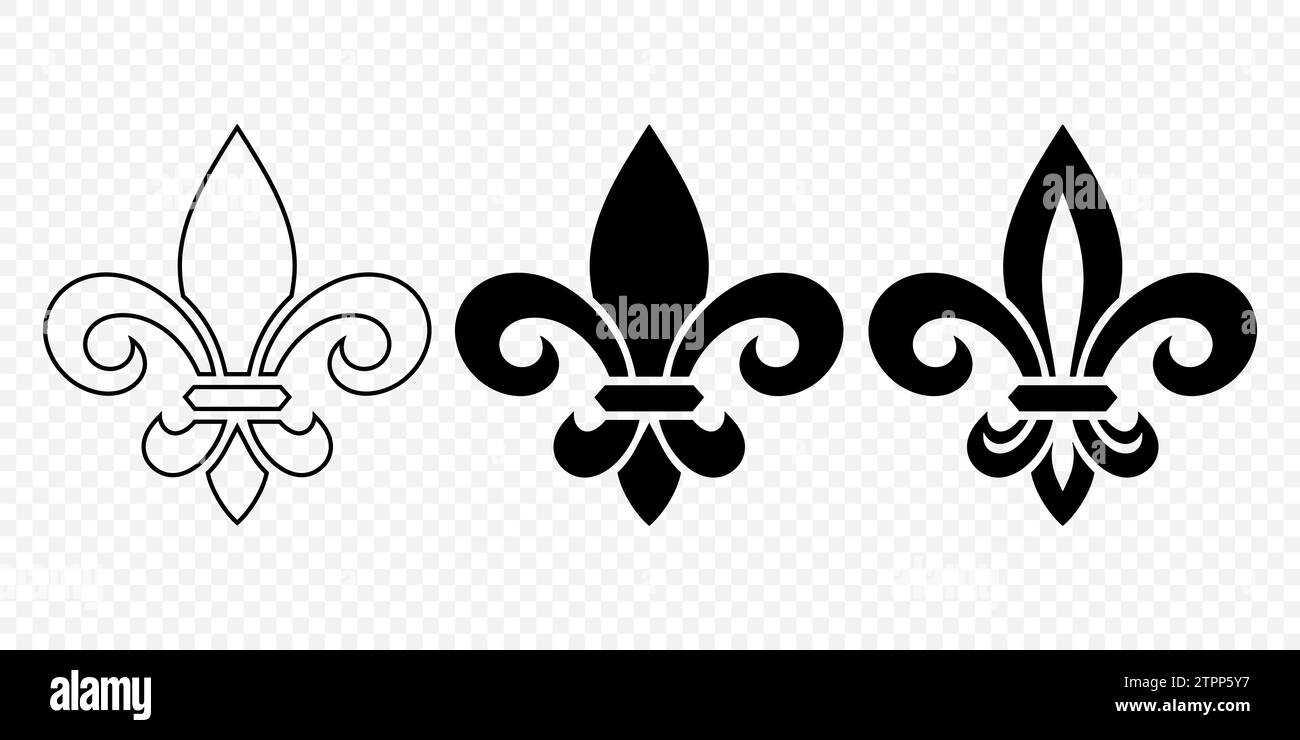 Vector Vintage White und Black Fleur De Lis Icon Set isoliert. Heraldic Lily, Retro Design Element. Vektordarstellung. Stock Vektor