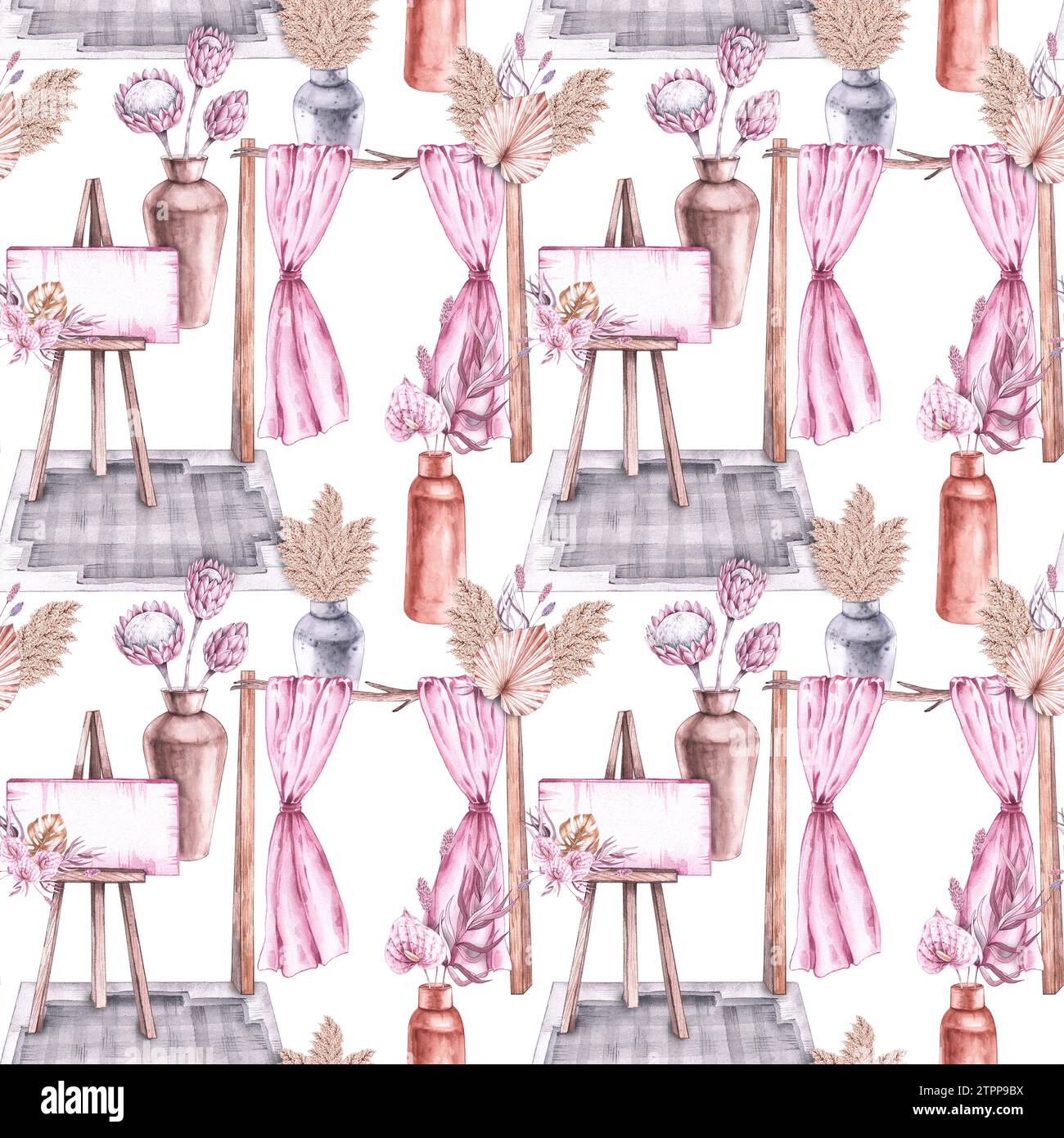 Hochzeitsmuster mit Accessoires, Hochzeitsbogen, Blumen auf weißem Hintergrund. Aquarellhochzeitmuster im Boho-Stil für Textildesign, Druck, Stockfoto