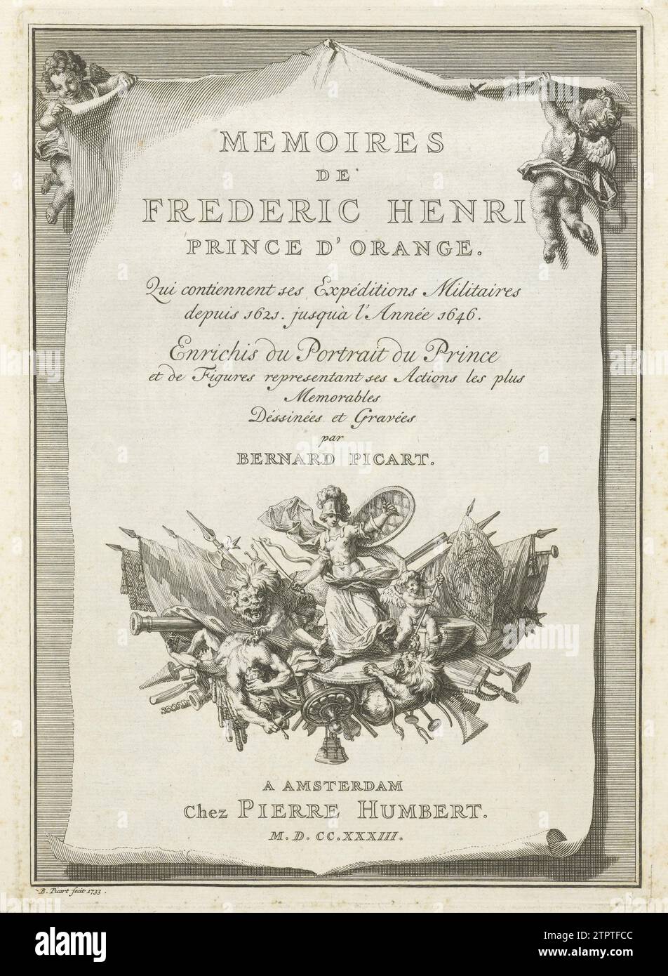 Titeldruck für Memoires de Frederic Henri Prince d’Orange, 1621-1646, 1733 Ornamentaler Titeldruck für die Publikation der Memoires de Frederic Henri Prince d’Orange, 1621-1646. Emblem mit der Personifizierung des kriegerischen Sieges mit dem niederländischen Löwen zwischen Waffen, Bannern und Berichten. Druckerei: Northern Netherlandspublisher: Amsterdam Papier ätzend Ornamentaler Titeldruck für die Veröffentlichung der Memoires de Frederic Henri Prince d’Orange, 1621–1646. Emblem mit der Personifizierung des kriegerischen Sieges mit dem niederländischen Löwen zwischen Waffen, Bannern und Berichten. Druckerei: Norden Stockfoto