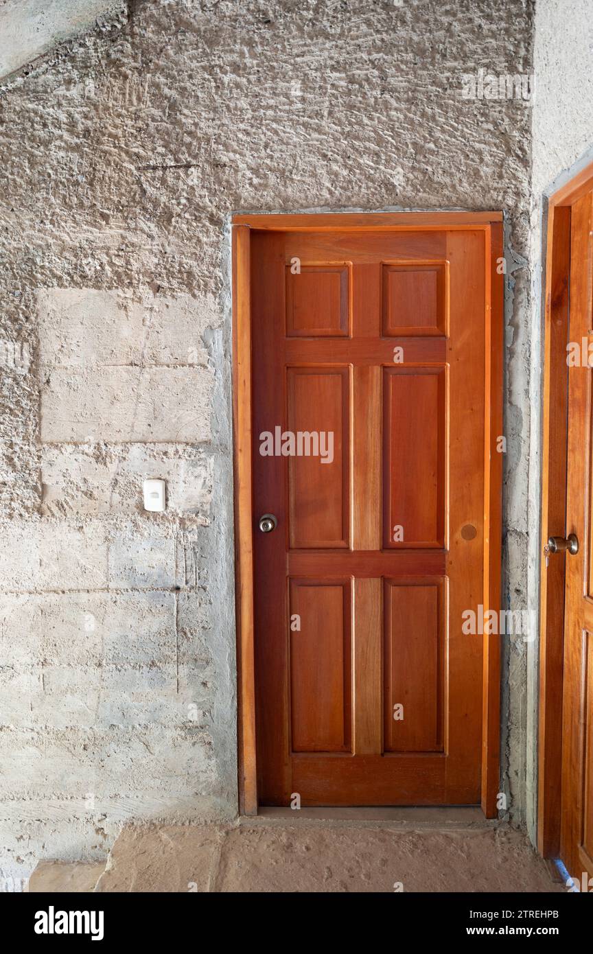 Braune Holztür in Beton, hohe Wand, Frontansicht Stockfoto