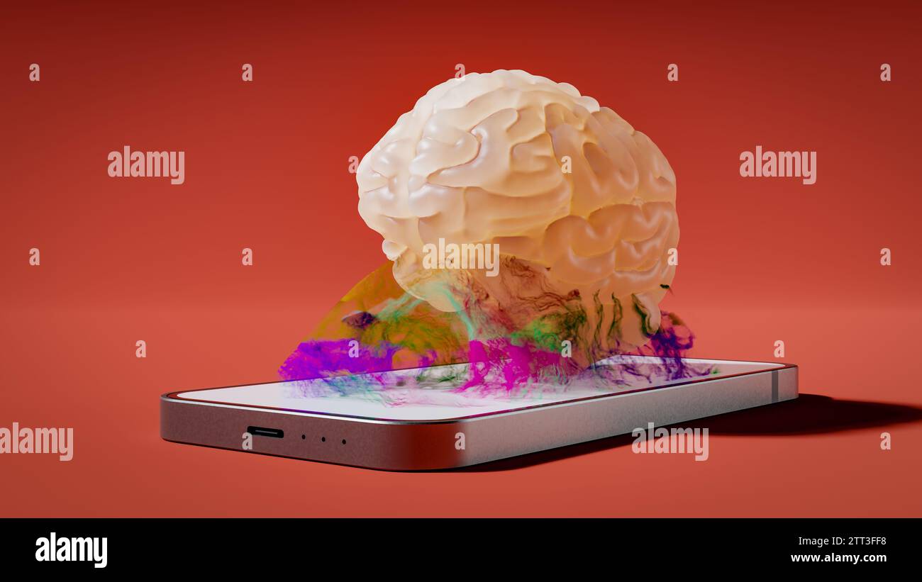 Konzept eines Smartphones-abhängigen Gehirns, 3D-Rendering Stockfoto