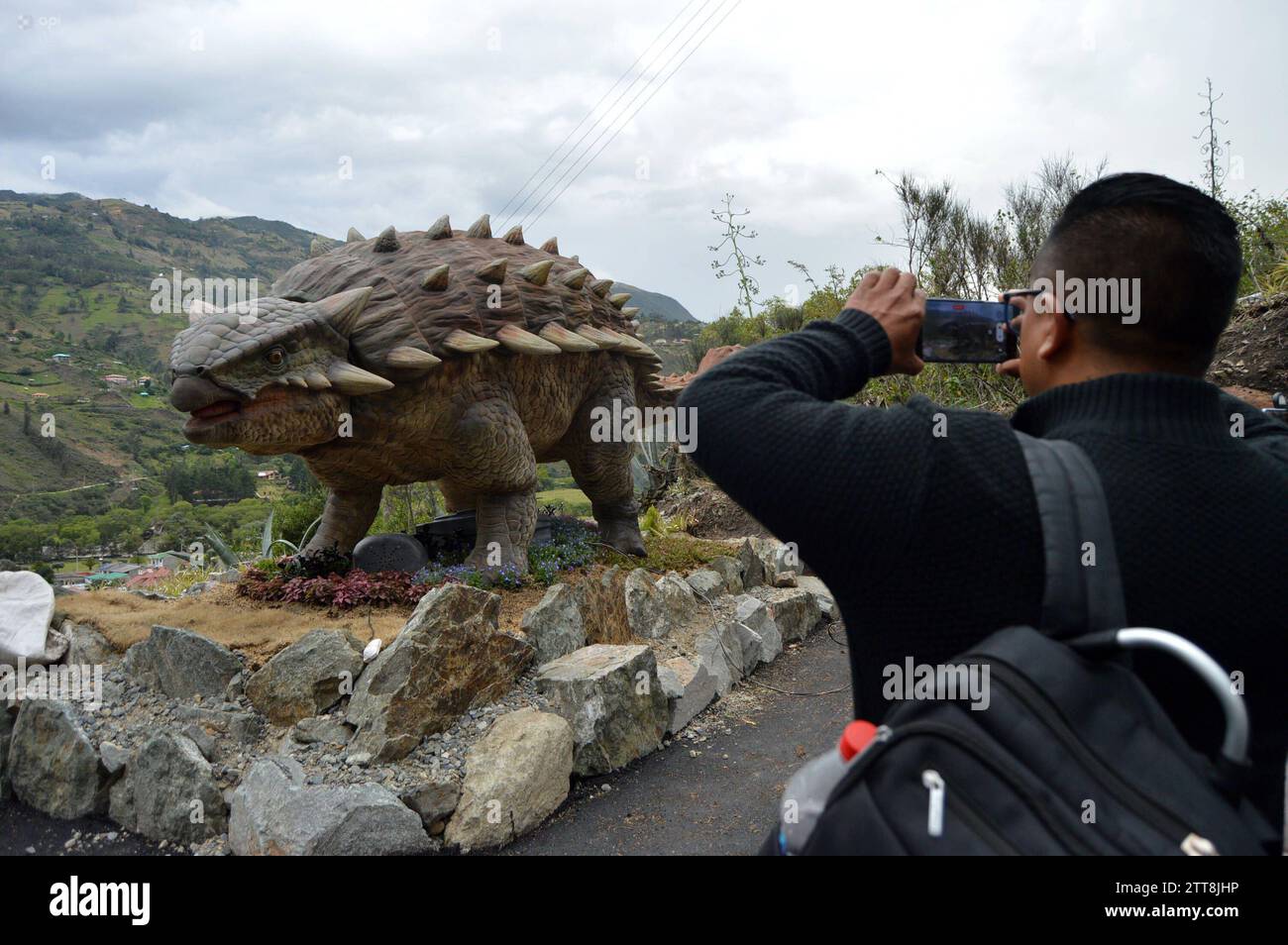 PAUTE-PARQUE JURASICO Cuenca,Ecuador 20 de diciembre de 2023 Paute, abrira sus puertas en el Barrio Pirincay en el canton Paute a turistas nacionales e internacionales. Este vierbes 22 de diciembre, 13 Dinosaurios robotizados actualmente estan colocados en un parque de 2 ha. Las figuras robots llegaron importadas desde China para recrear un parque jurasico en los alrededores del Barrio Pirincay, el mismo esta ubicado al Lado izquierdo de la Via Interoceanica que conduce a Paute. Las 13 Fuguras de Dinosaurios estan ubicadas en cinco terrazas, las cuales han sido construidas para resaltar Stockfoto