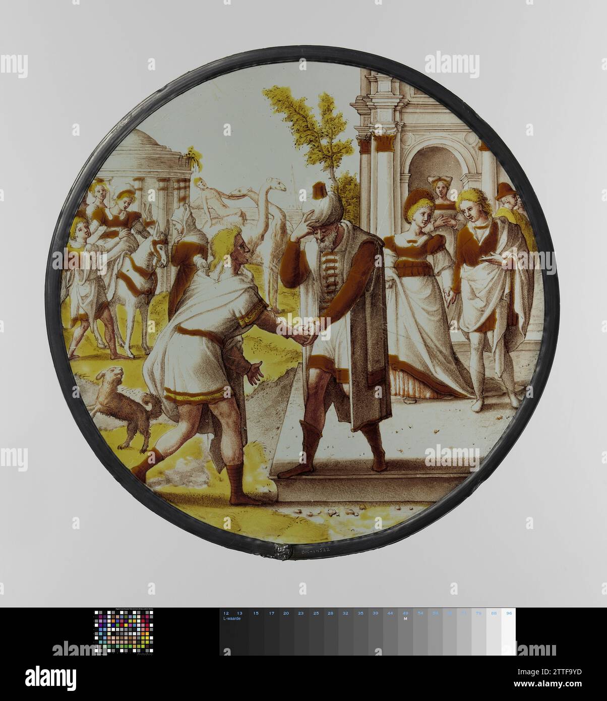 Fenster mit der Begegnung von Tobias mit seinem blinden Vater, Anonym, 1500 - 1600 Fenster, rund, mit Buntglas Präsentation der Geschichte von Tobias. In der Mitte der Performance das Treffen von Tobias und seinem blinden Vater; dieser steht auf einer Terrasse und gibt Tobias die linke Hand, während er seine turbanartige Kopfbedeckung mit der rechten Hand hält. Auf der linken Seite für ein Kuppelgebäude die Ankunft von Sarah, die von einem Engel unterstützt wird, um von ihrem Esel aufzustehen und von Hanna begrüßt wird; Ein bellender Hund für diese Gruppe. Tobias mit seiner Braut stammt aus einem Gebäude mit korinthischen Halbsäulen auf der rechten Seite; Eine mA Stockfoto