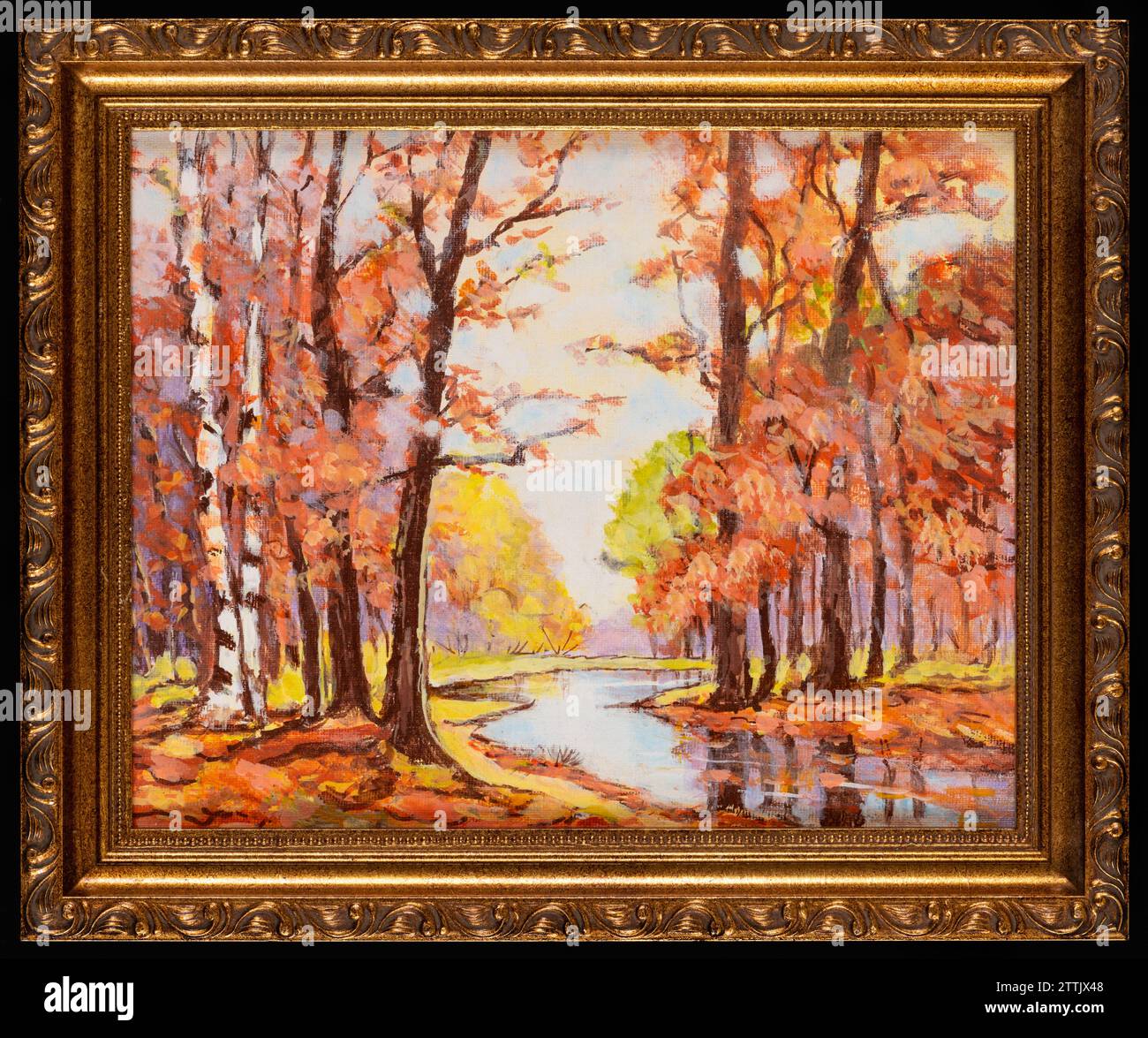 Gerahmte Acrylskizze mit herbstfarbenen Bäumen und Bächen in der Natur. Traditionelle Landschaftsmalerei. Stockfoto