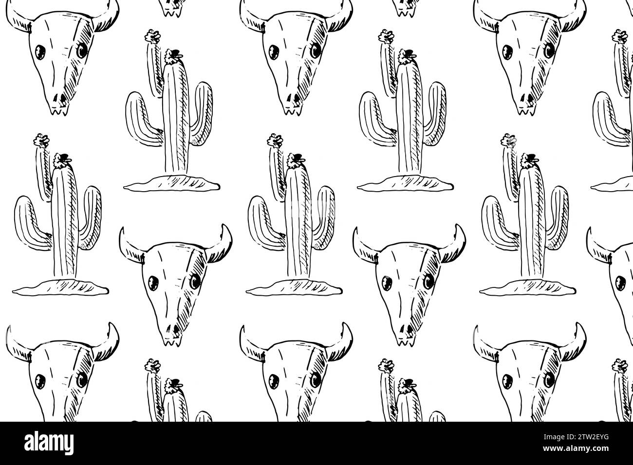 Nahtloses Muster wilder Westkaktus und Schädel von Tieren. Vektorabbildung in handgezeichneter Skizze. Kann für Textilien, Druck für Sublimation, Karte, Tapeten verwendet werden. Cowboy-Muster im Retro-Stil. Stock Vektor