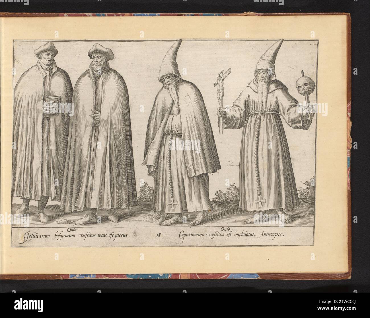 Zwei Jesuiten und zwei Capucomer Mönche, in oder vor 1581, schickte Prent Het Boek 'All the Near Europe, Asia, Aphric and America Nations Attitude ...', 1581. Das Prent maakt Deel verschickte van-een-Album. Papierstich Prent verschickte Het Boek „All the Near Europe, Asia, Aphric and America Nations Attitude ...“, 1581. Das Prent maakt Deel verschickte van-een-Album. Papiergravur Stockfoto