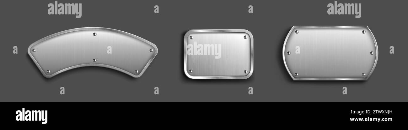 Satz von Stahlschildern mit blanker Metalloberfläche, isoliert auf schwarzem Hintergrund. Vektor-realistische Illustration von geschraubten silbernen oder eisernen Platten, glänzenden Knopfrahmen, Namensschildschildschilder mit Lichtreflexion Stock Vektor