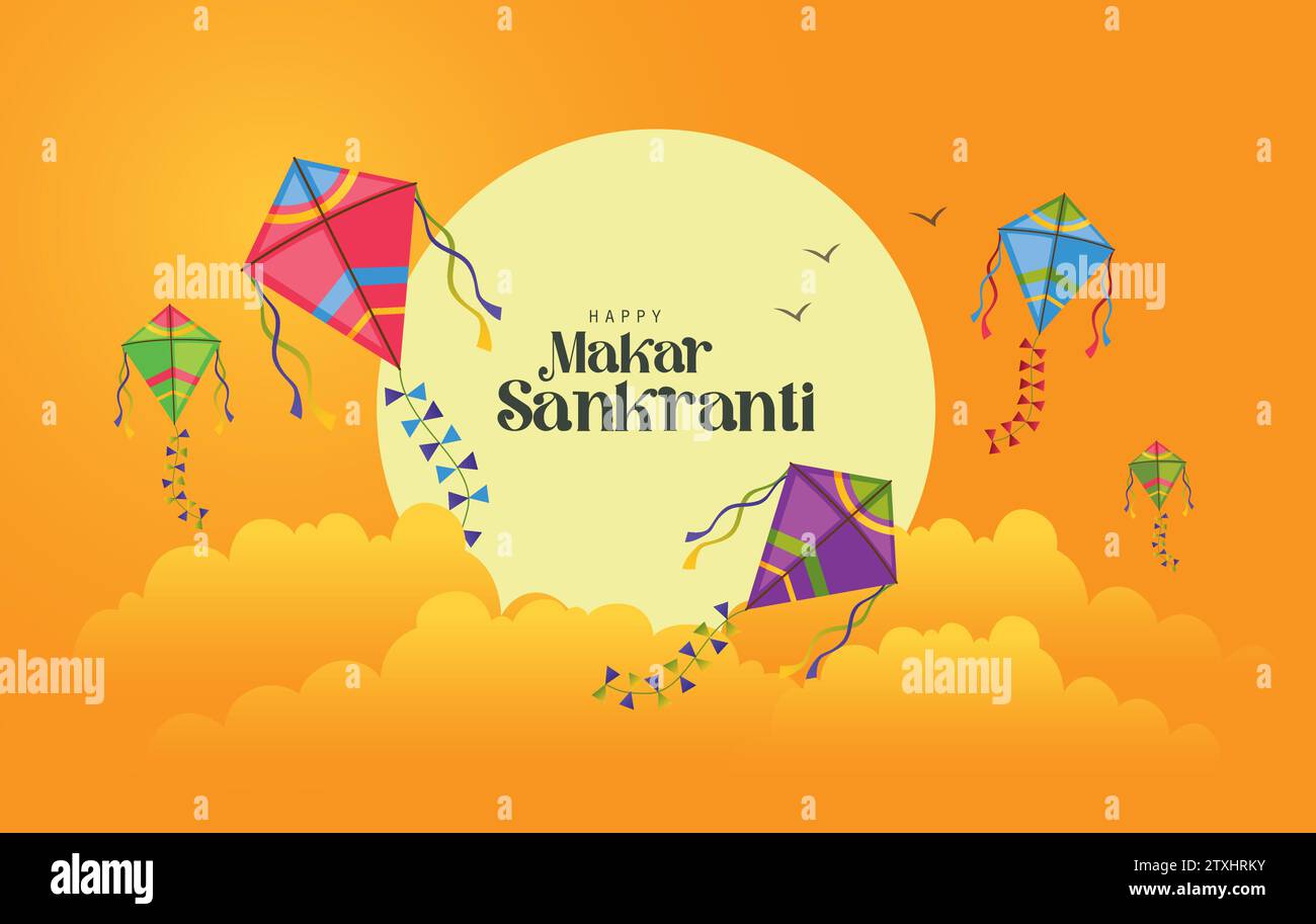 Happy Makar Sankranti Tapete mit farbenfroher Drachenschnur für das Festival von Indien. Abstraktes Vektor-Illustrationsdesign Stock Vektor