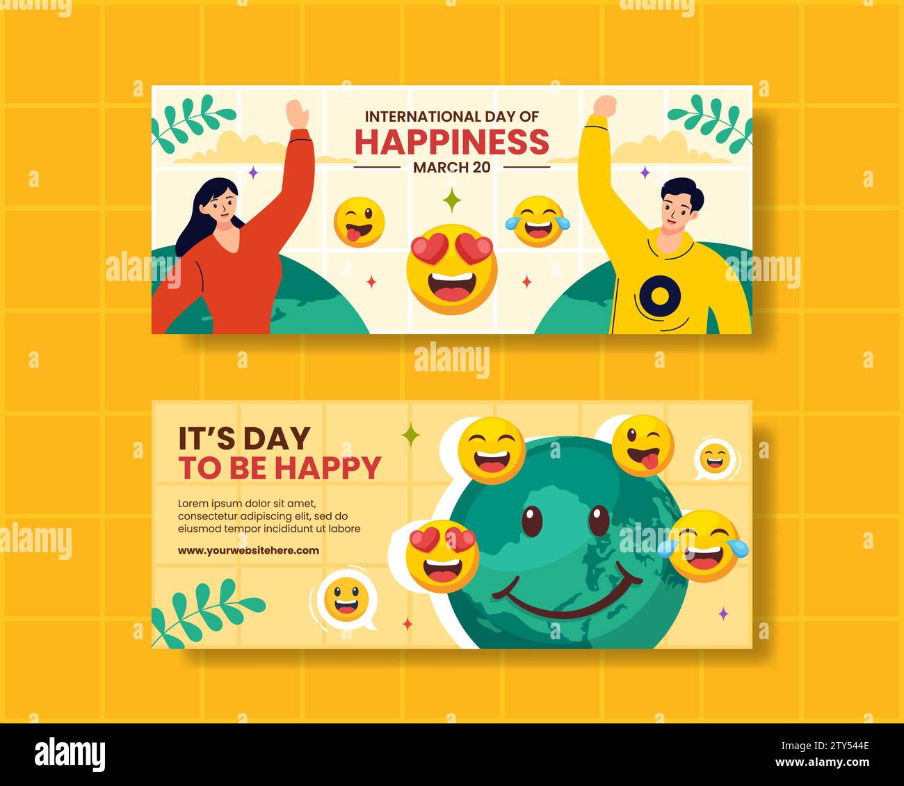 Happiness Day Horizontal Banner Flat Cartoon Hand Gezeichnete Vorlagen Hintergrund Illustration Stock Vektor