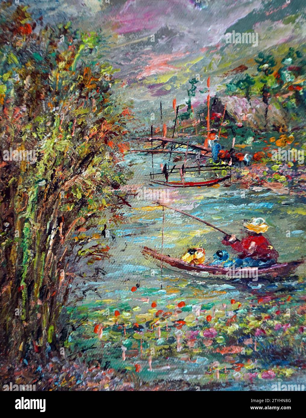 Handgemalte originale Meisterwerke des Impressionismus Maler zeitgenössische Kunst Ölmalerei ländliche Landschaft thailands Stockfoto