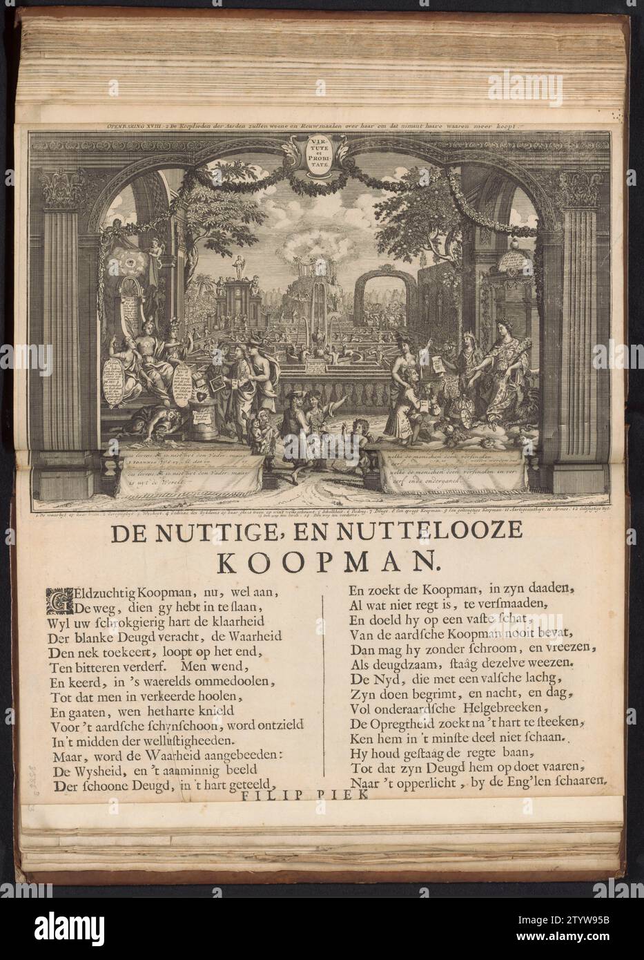 Der aufrichtige und der Goldeny Koopman, 1720, 1720 der aufrichtige und gierige Kaufmann. Links der aufrichtige Kaufmann mit Quecksilber und Tugend für den Thron der Wahrheit, rechts der gierige Kaufmann (der Windhändler) mit Täuschung und Gänsehaut für den Thron des Reichtums. Auf der Balustrade zitiert die Bibel. Im Hintergrund ein Garten mit einem Labyrinth mit der schmalen und breiten Straße. In der Bildunterschrift de Legenda 1-14 auf Niederländisch. Separat auf dem Blatt unter der Platte gedruckt, der Titel und ein Vers aus 2 Spalten. Druck in der gebundenen Erstausgabe (304 B 11) der großen Szene der Torheit mit Cartoons auf dem W Stockfoto