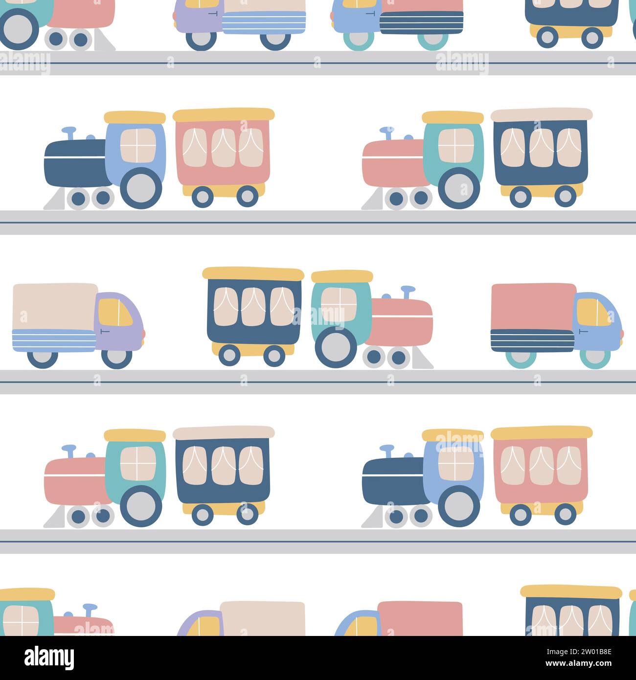 Fahrzeuge auf der Babybahn nahtloses Muster. Hintergrund für Autos und Züge. Handgezeichnetes Kinderauto. Babydruck für Kleidung, Textil, Tapeten, Design, Vektor Stock Vektor