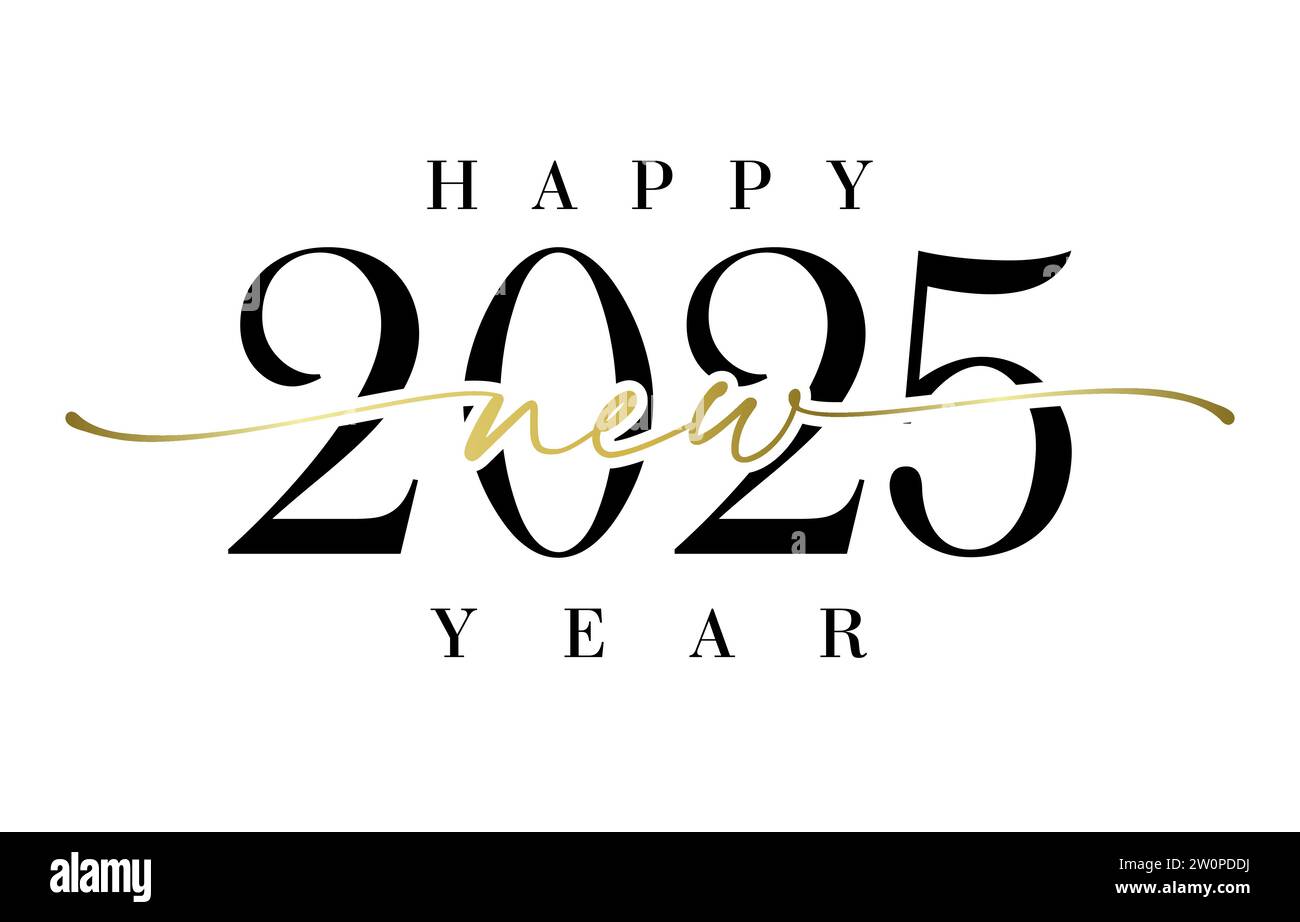 Neues Jahr 2025 kreatives Banner mit niedlichen isolierten Zahlen 20 25, schwarzen und goldenen Elementen. Handgeschriebener Stil. Weißer Hintergrund. Schwarz-weiß-Design. Stock Vektor