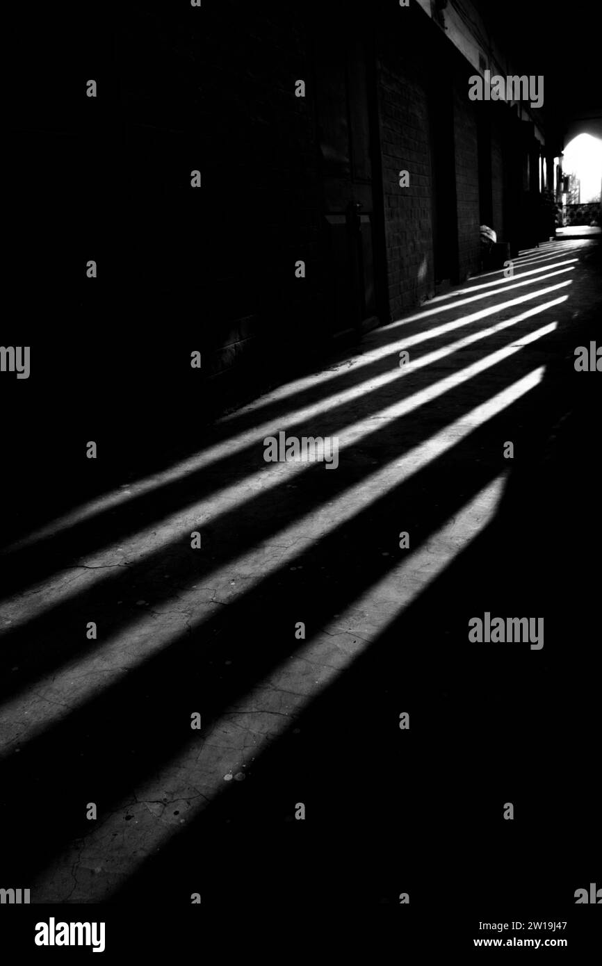 Ein minimalistisches Schwarzweißfoto, das das Wesen einer urbanen Szene durch die schlichte Form eines Schattens auf einem Bürgersteig festlegt. Stockfoto