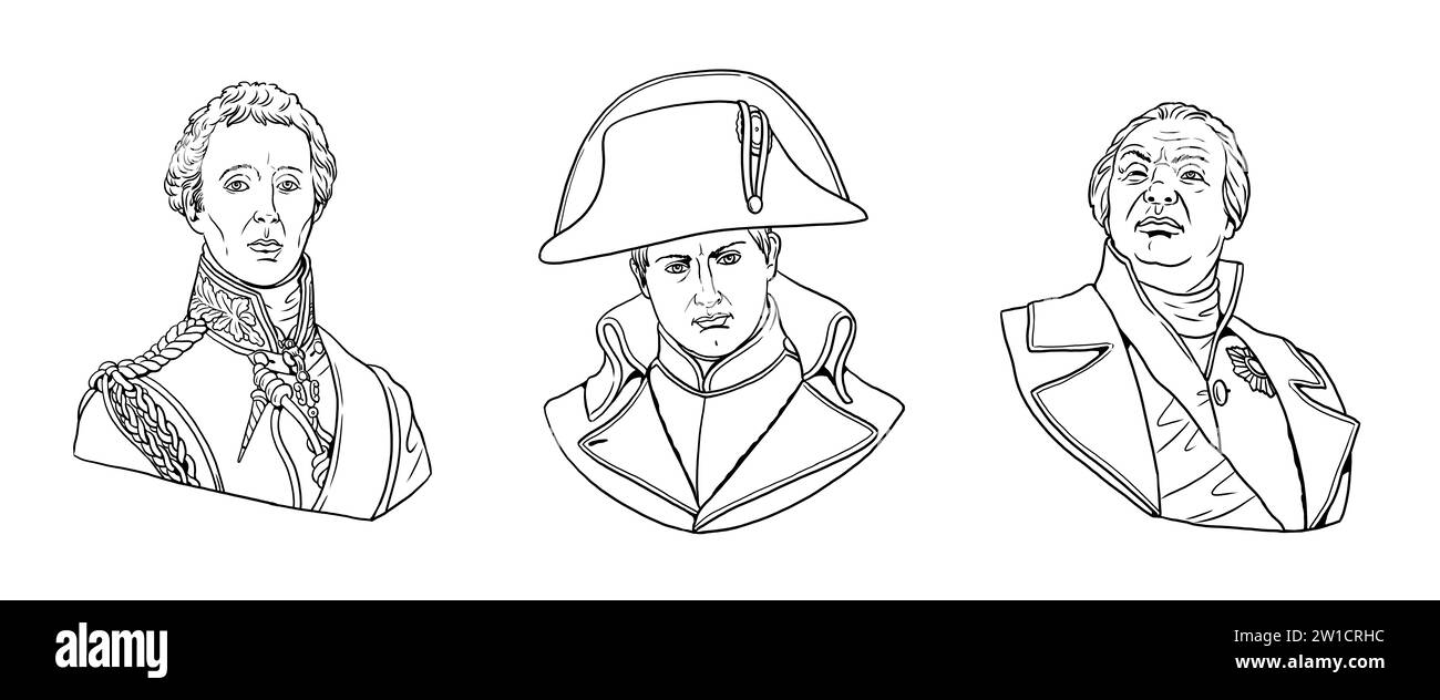 Büsten von Napoleon Bonaparte, Herzog von Wellington und Feldmarschall Kutuzov. Porträts von Generälen während der Napoleonischen Kriege. Stockfoto