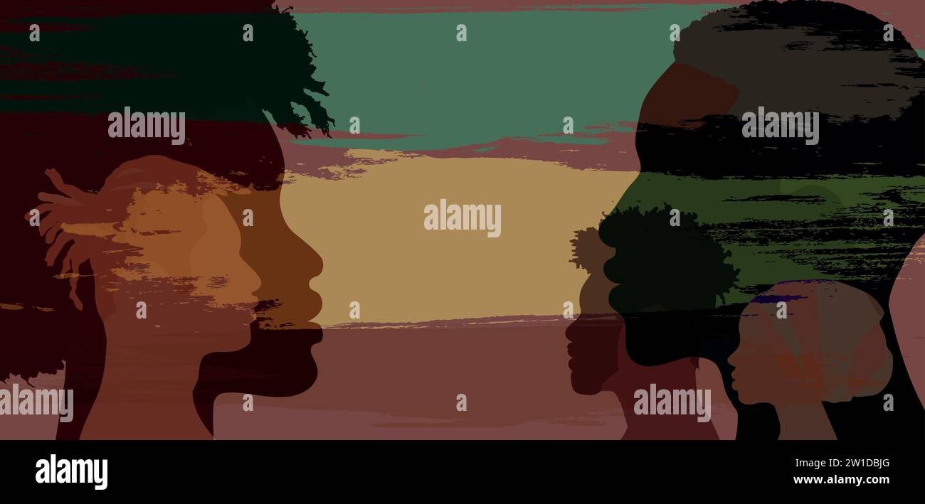 Profil Silhouetten Menschen Afrikaner und Afroamerikaner. Schwarze Geschichte Monat Ereignis. Menschen mit schwarzer Haut. Rassengleichheit. Afrikanische ethnische Zugehörigkeit. Gleich Stock Vektor