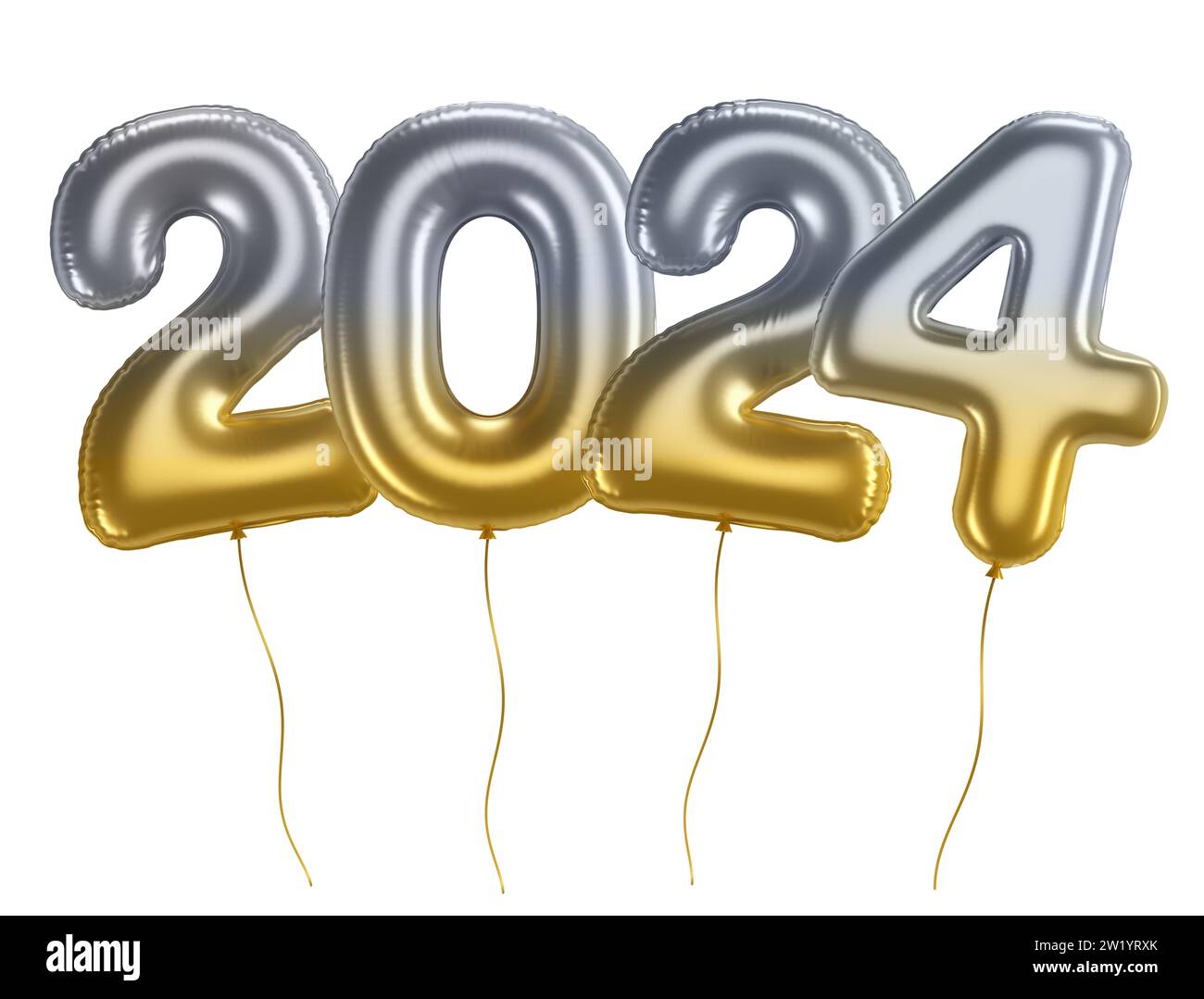 Feiertagshintergrund Happy New Year 2024. Jahreszahlen 2024 Goldener und silberner Ballon auf weißem Hintergrund mit Beschneidungspfad. Wir feiern das neue Jahr Stockfoto