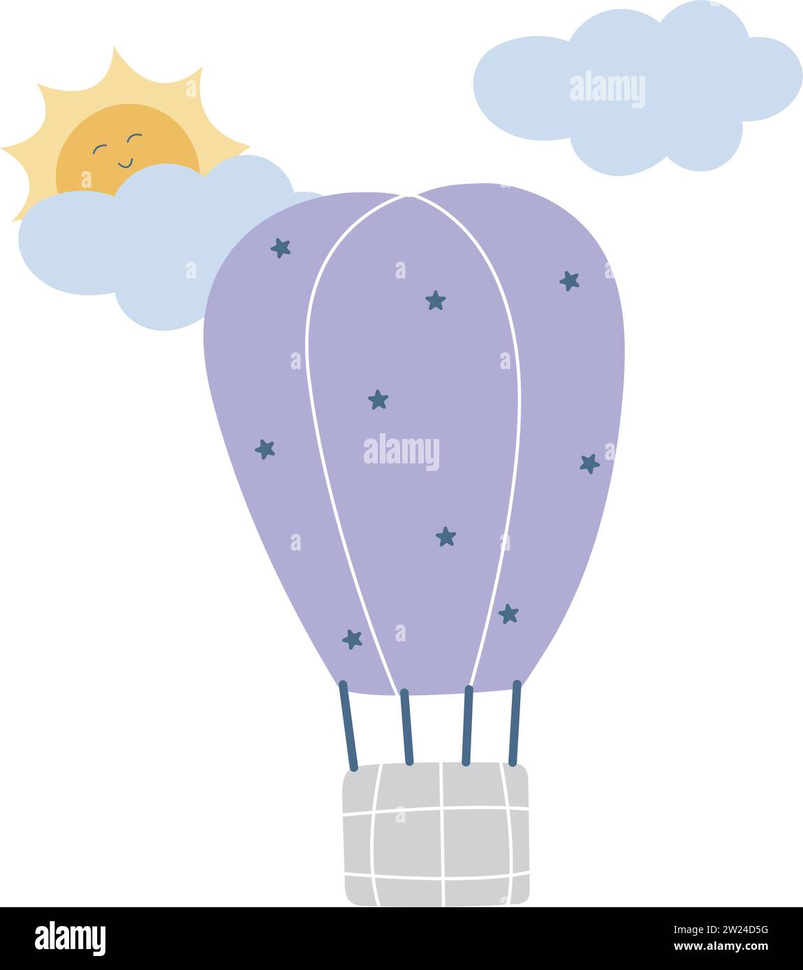 Heißluftballon für Flug handgezeichnete Clip Art. Kawaii-Sonne, die hinter Wolken hervorblickt. Luftflug auf Luftschiff, süße Baby-Illustration. Pastellgemütliches Stock Vektor