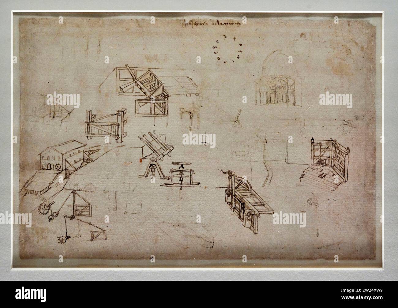 Studi di idraulica e sistemi di chiuse - Codice Atlantico,Ingegneria f. 28 r - punta metallica,penna e inchiostro - Leonardo da Vinci - 1485-1 Stockfoto