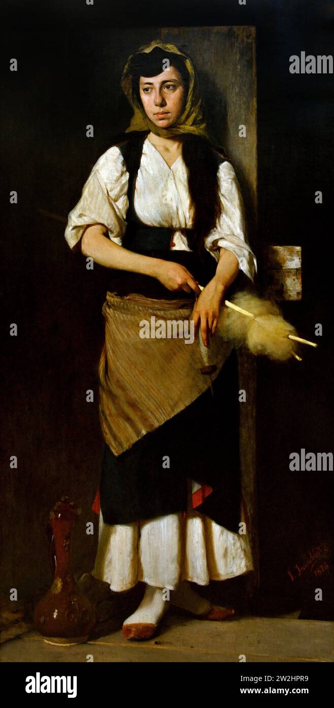 Iakovidis Georgios (1853–1932) Mädchen mit Distaff und Spindel, Gemälde 19.–20. Jahrhundert, Nationalgalerie, Athen, Griechenland. Stockfoto