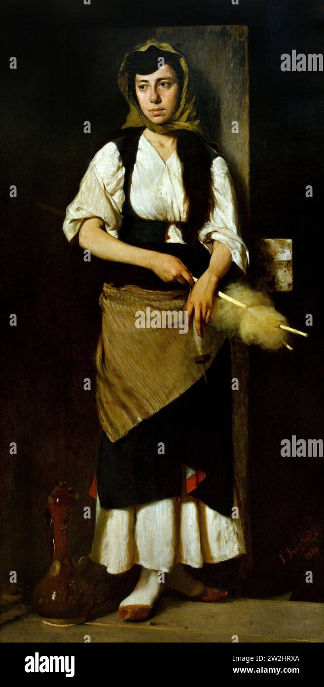 Iakovidis Georgios (1853–1932) Mädchen mit Distaff und Spindel, Gemälde 19.–20. Jahrhundert, Nationalgalerie, Athen, Griechenland. Stockfoto