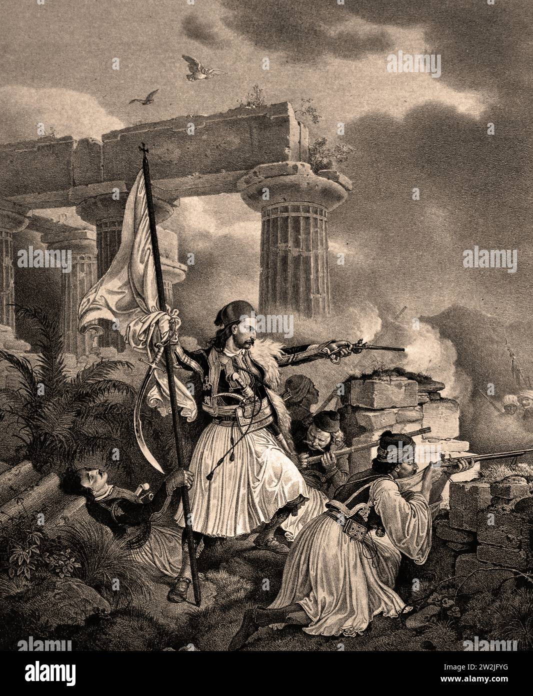 Ein Häuptling und seine Pallicares in der Schlacht 1829 Lithographie 19.-20. Jahrhundert, Nationalgalerie, Athen, Griechenland. Stockfoto