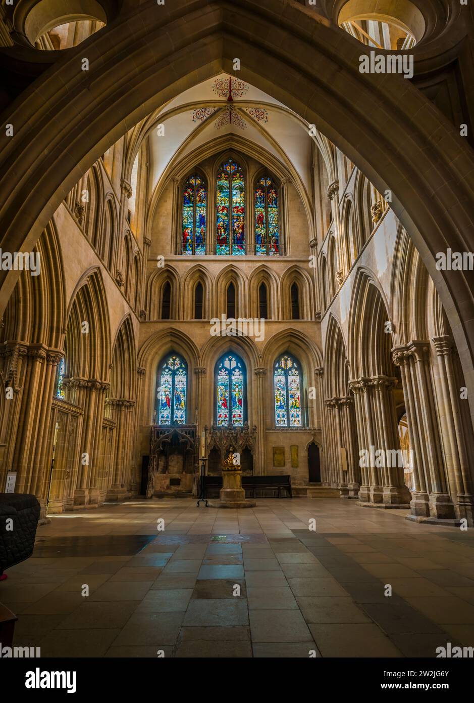 Architektonische Innenräume, Wells Cathedral, Somerset, England, Großbritannien. Stockfoto